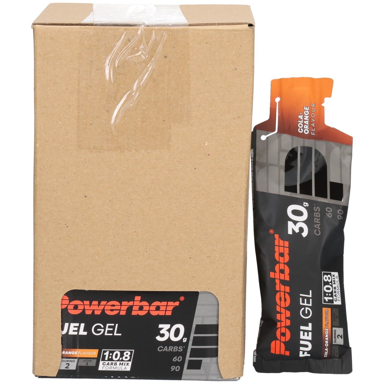Emballage de vente avec POWERBAR Fuel Gel (Cola-Orange, 30g glucides) et carton.