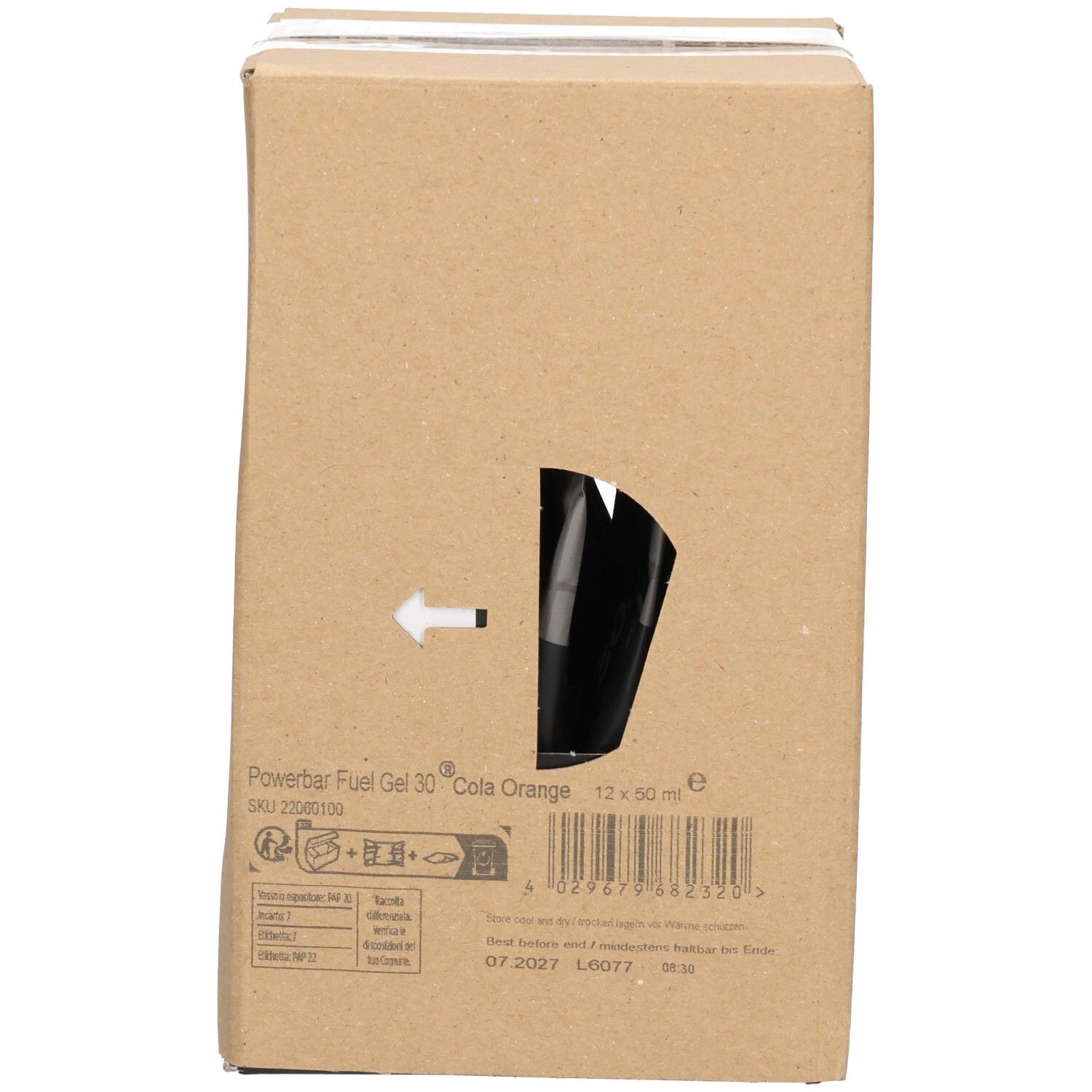 Dos d'un carton avec ouverture, informations produit et code-barres pour POWERBAR Fuel Gel.