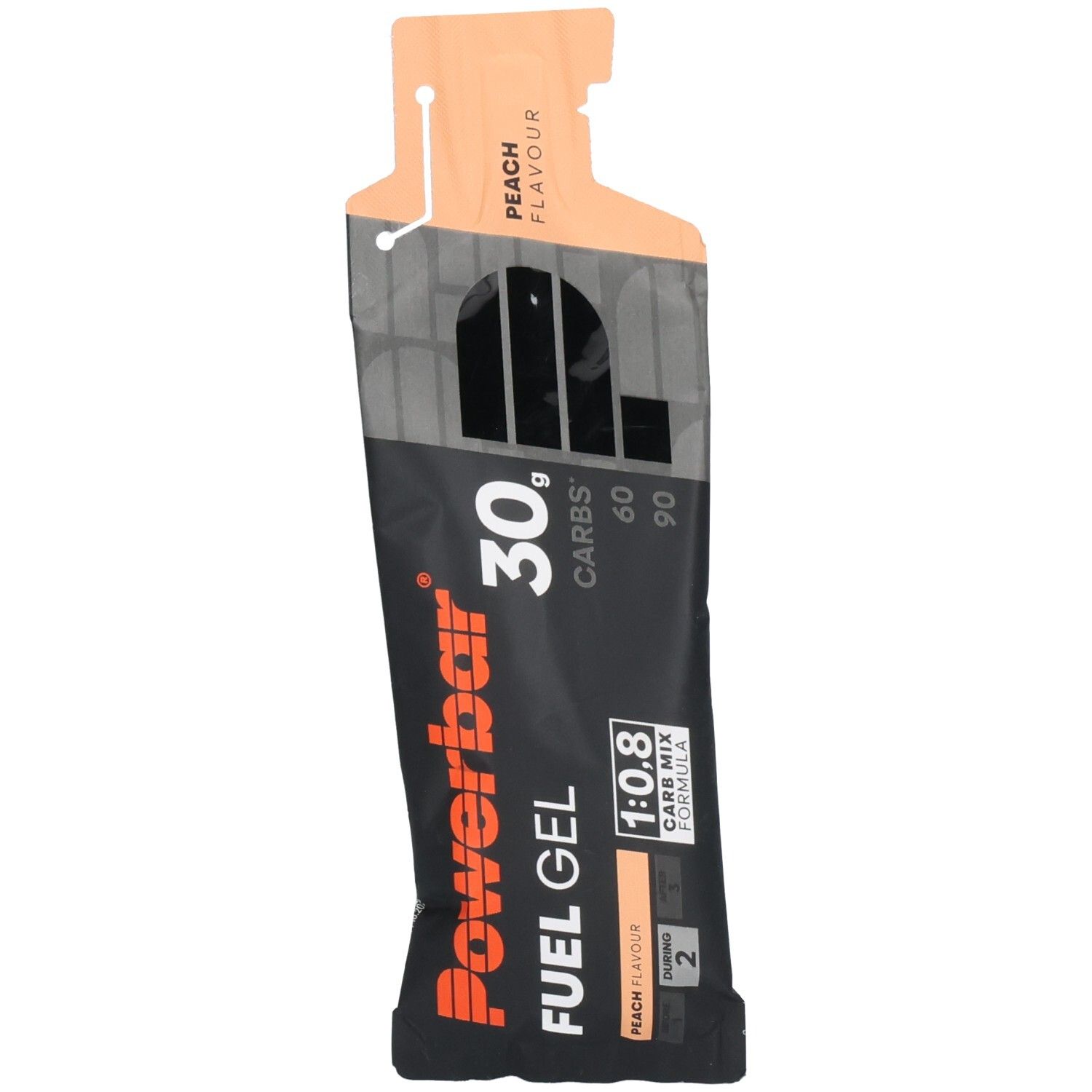 Powerbar Fuel Gel 30g, Pfirsichgeschmack. Kohlenhydratgel in schwarzer Verpackung mit orangefarbenem Akzent.