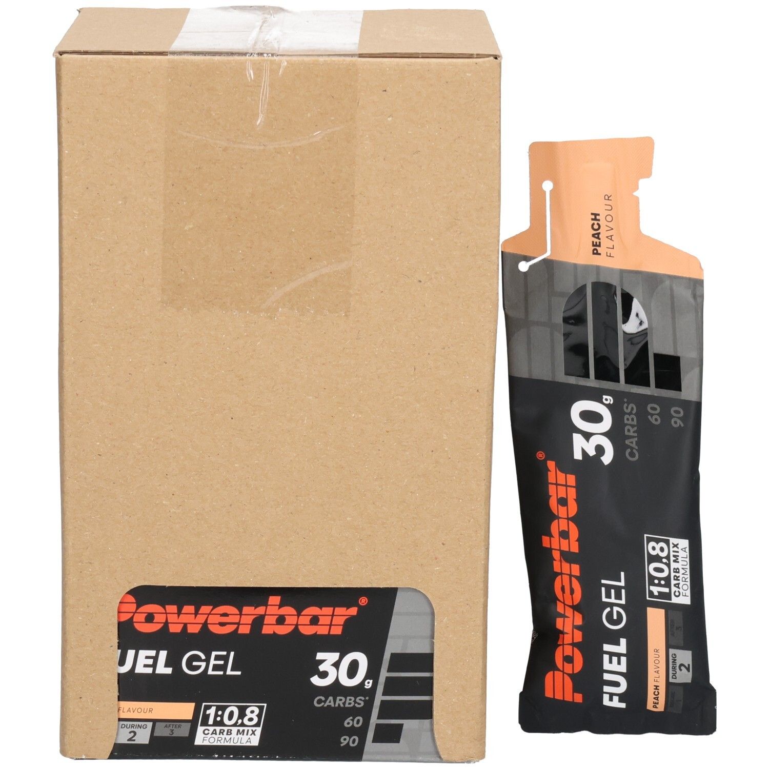 Powerbar Fuel Gel 30g, Pfirsichgeschmack, neben einer offenen Kartonverpackung mit mehreren Gels.