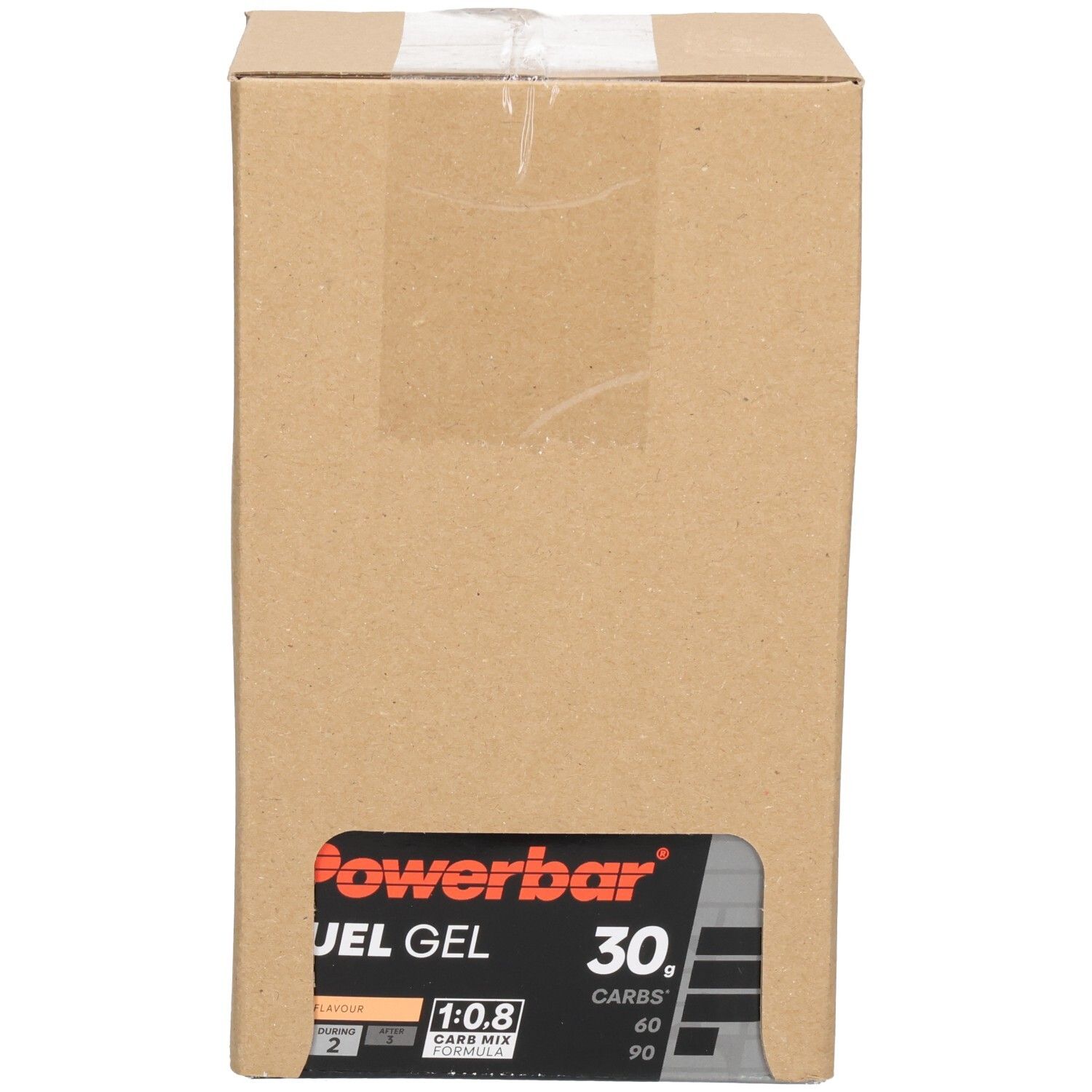 Geschlossene Kartonverpackung für Powerbar Fuel Gel 30g, Pfirsichgeschmack. Vorderansicht.