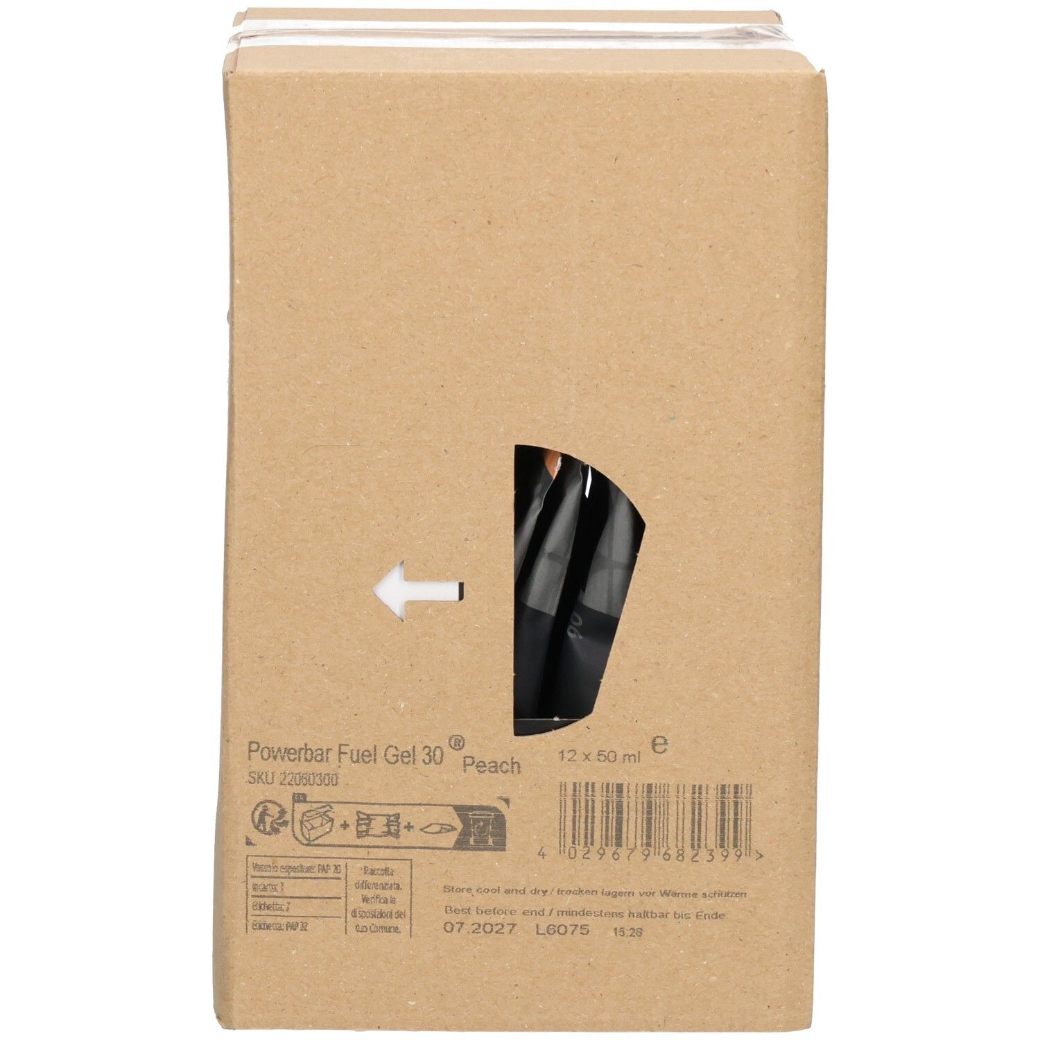 Rückseite einer Kartonverpackung für Powerbar Fuel Gel 30g, Pfirsich. Enthält Produktinformationen und Barcode.
