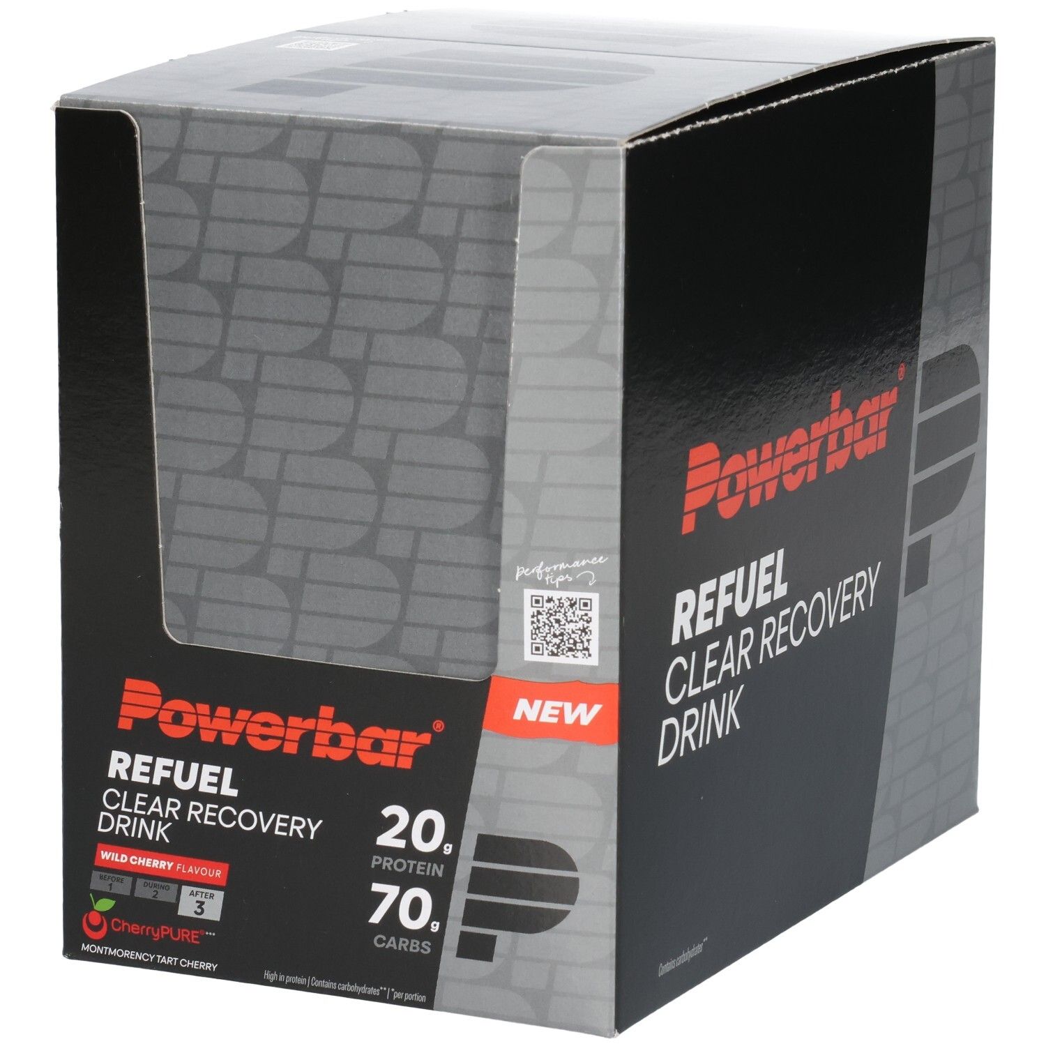 Powerbar Refuel Clear Recovery Drink Karton mit Wild Cherry Geschmack. Enthält 20g Protein und 70g Kohlenhydrate.
