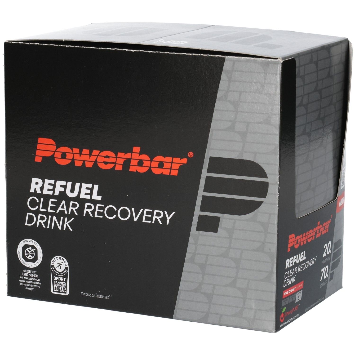 Powerbar Refuel Clear Recovery Drink Karton mit Wild Cherry Geschmack. Mit Sport- und Qualitätszertifikaten.
