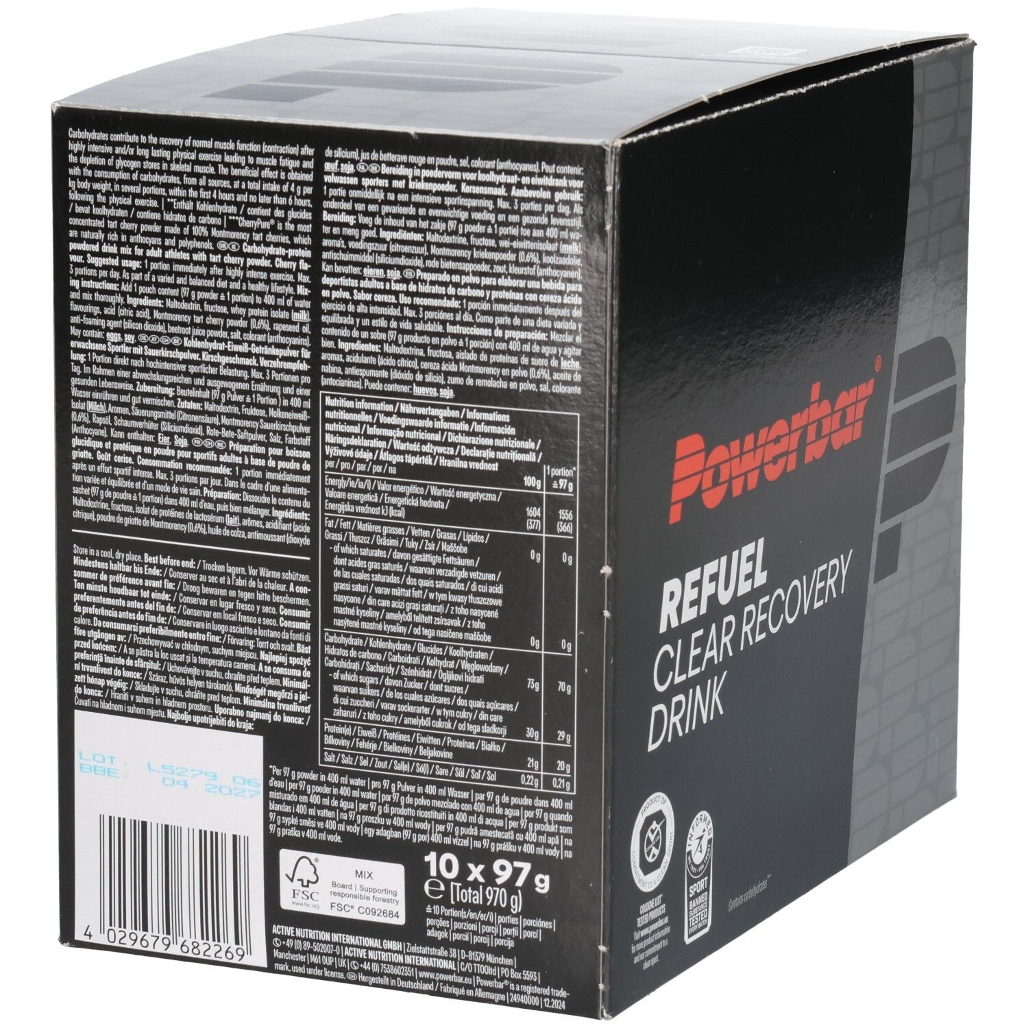 Rückseite des Powerbar Refuel Clear Recovery Drink Kartons mit Nährwertangaben und Barcode.