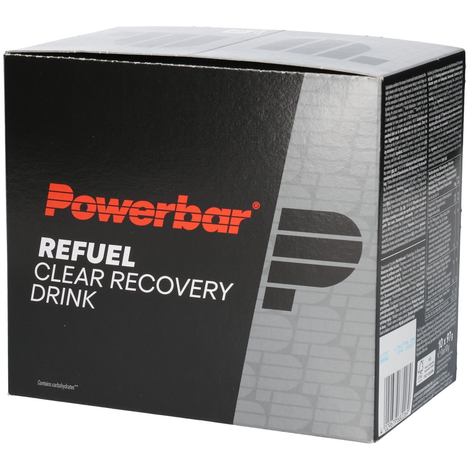 Seitenansicht des Powerbar Refuel Clear Recovery Drink Kartons mit Wild Cherry Geschmack.