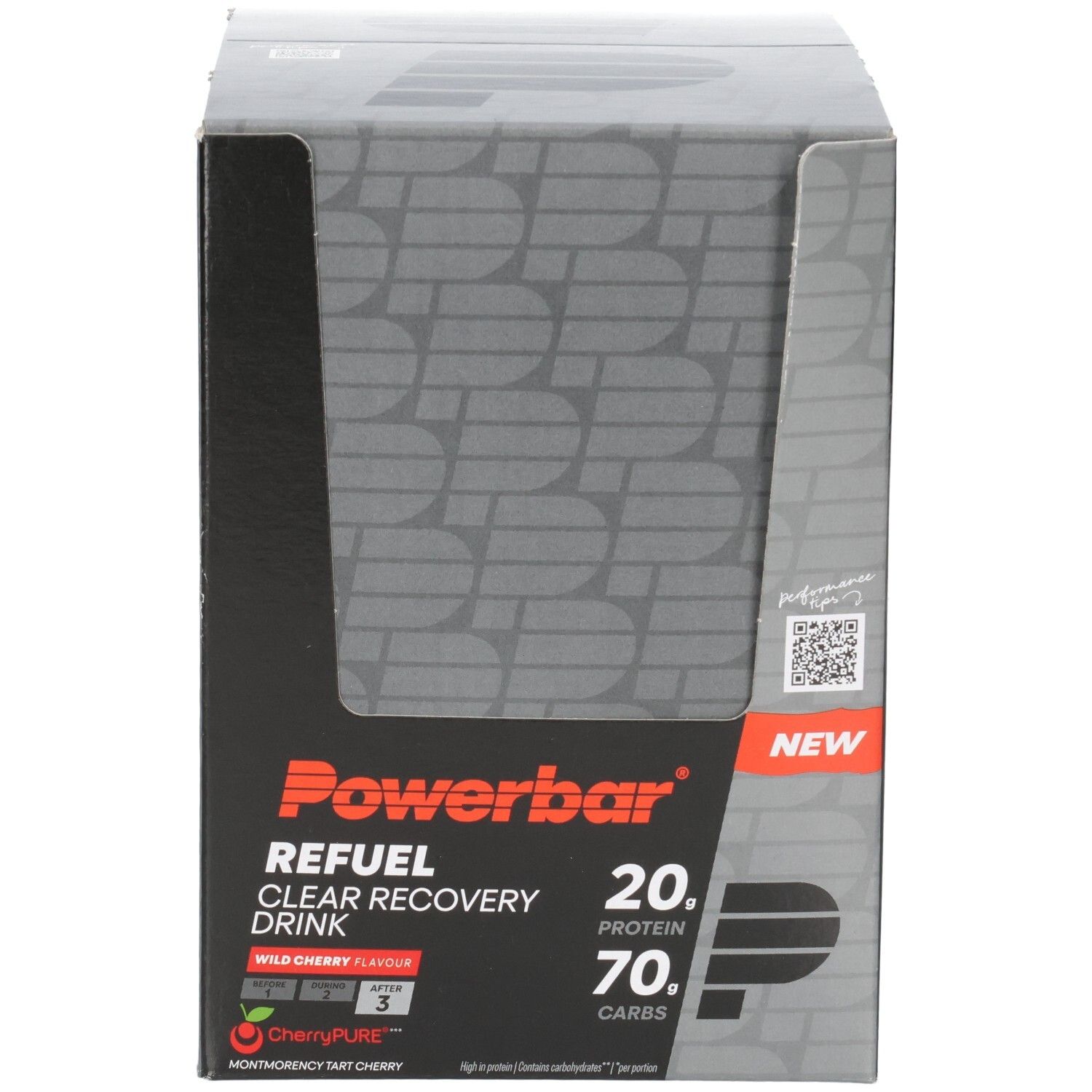 Vorderseite des Powerbar Refuel Clear Recovery Drink Kartons. Neuheit, Wild Cherry Geschmack, 20g Protein, 70g Kohlenhydrate.