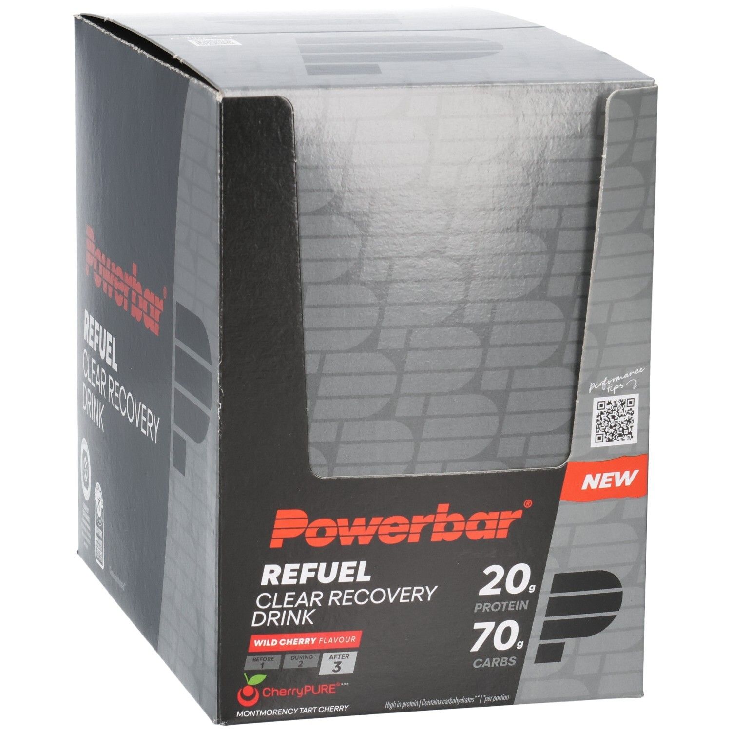 Powerbar Refuel Clear Recovery Drink Karton, Wild Cherry Geschmack. Enthält 20g Protein und 70g Kohlenhydrate.