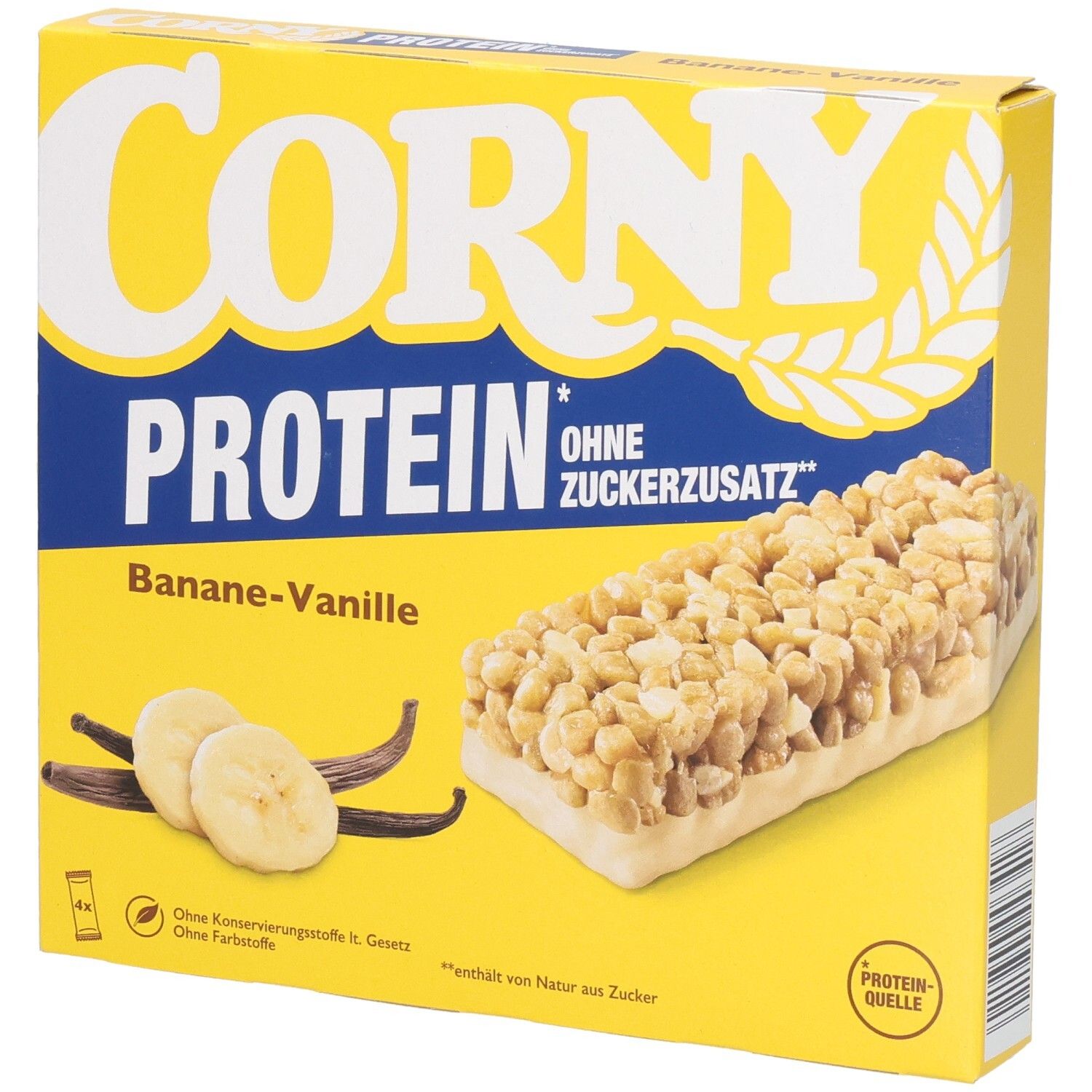 Gelbe Schachtel mit Corny Protein Banane-Vanille Riegeln. Abgebildet sind Riegel, Bananenscheiben und Vanilleschoten.