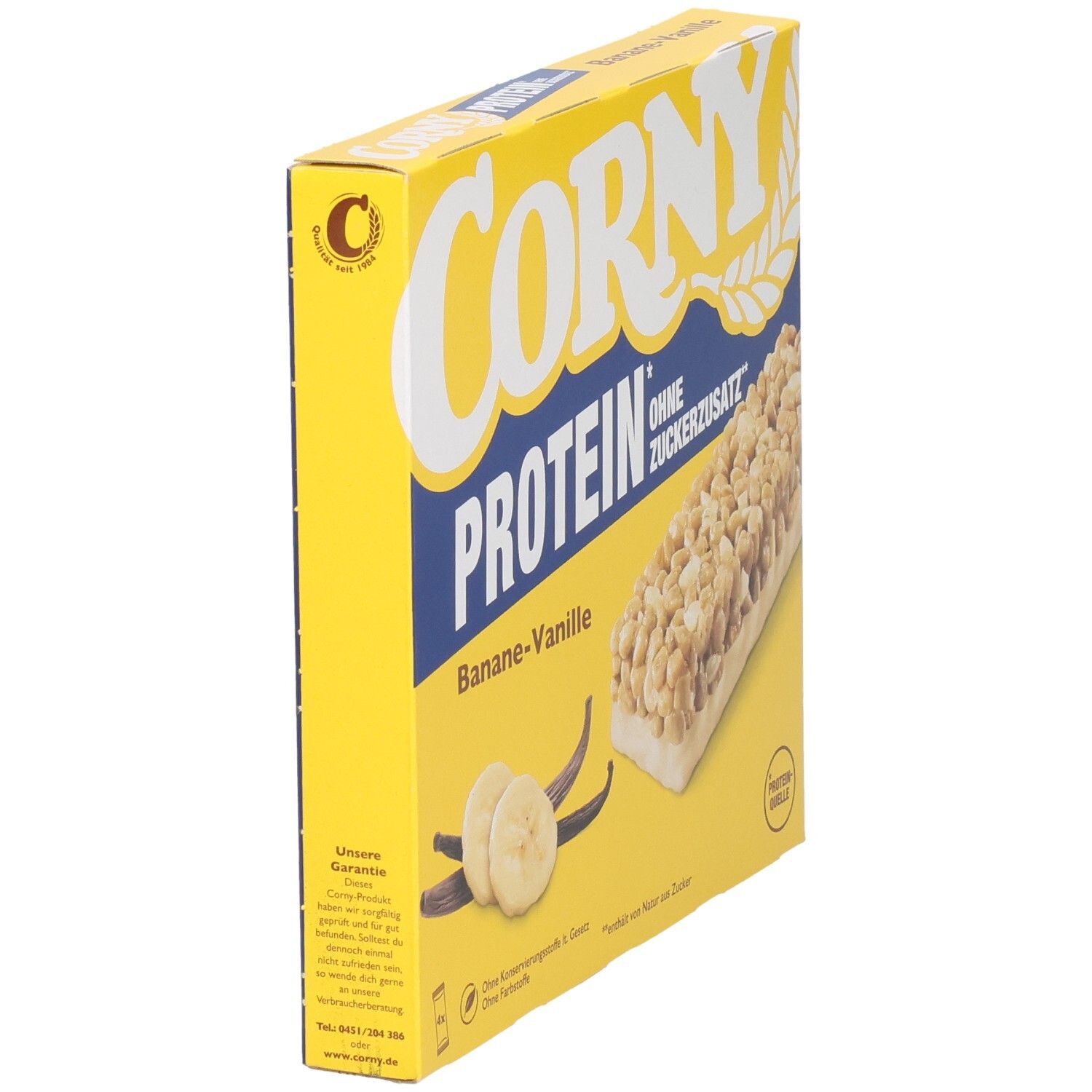 Gelbe Schachtel Corny Protein Banane-Vanille. Seitenansicht mit Riegel, Bananenscheiben und Vanilleschoten.