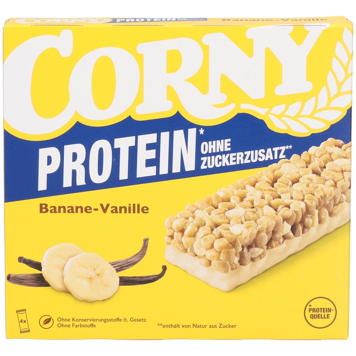 Gelbe Schachtel Corny Protein Banane-Vanille. Vorderansicht mit Riegel, Bananenscheiben und Vanilleschoten.