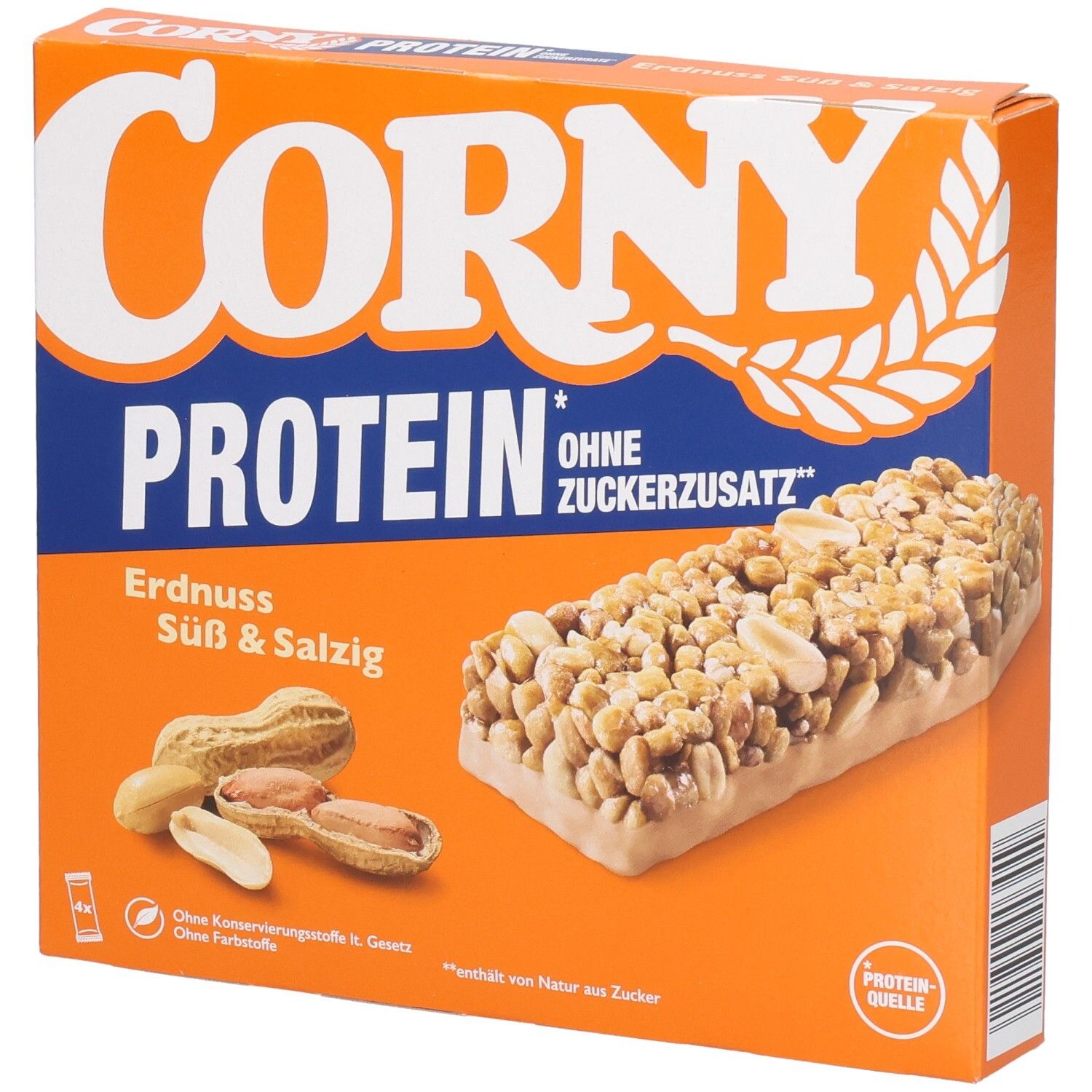 Boîte orange avec Corny Protein Cacahuète Sucré & Salé. Barre et cacahuètes illustrées. Texte : Sans sucre ajouté.