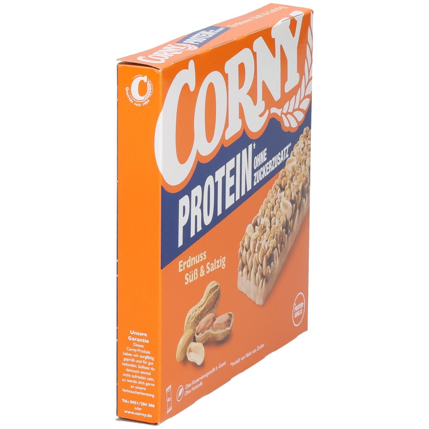 Boîte Corny Protein Cacahuète Sucré & Salé, orange. Vue latérale. Texte : Sans sucre ajouté. Illustration produit et cacahuètes.