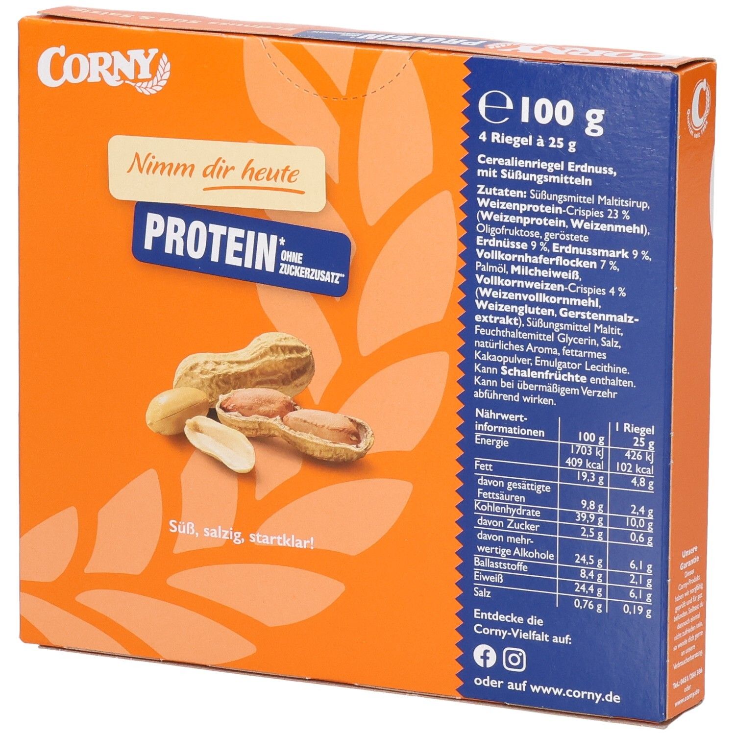 Dos de la boîte Corny Protein Cacahuète Sucré & Salé. Liste des ingrédients, informations nutritionnelles et illustration du produit. 4 barres.