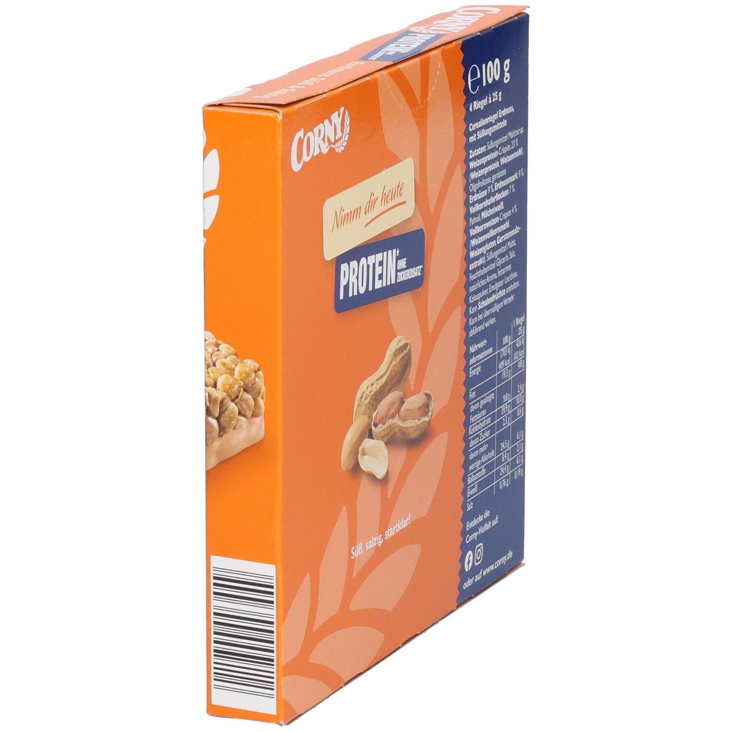 Vue latérale de la boîte Corny Protein Cacahuète Sucré & Salé. Liste des ingrédients et informations nutritionnelles. Code-barres.