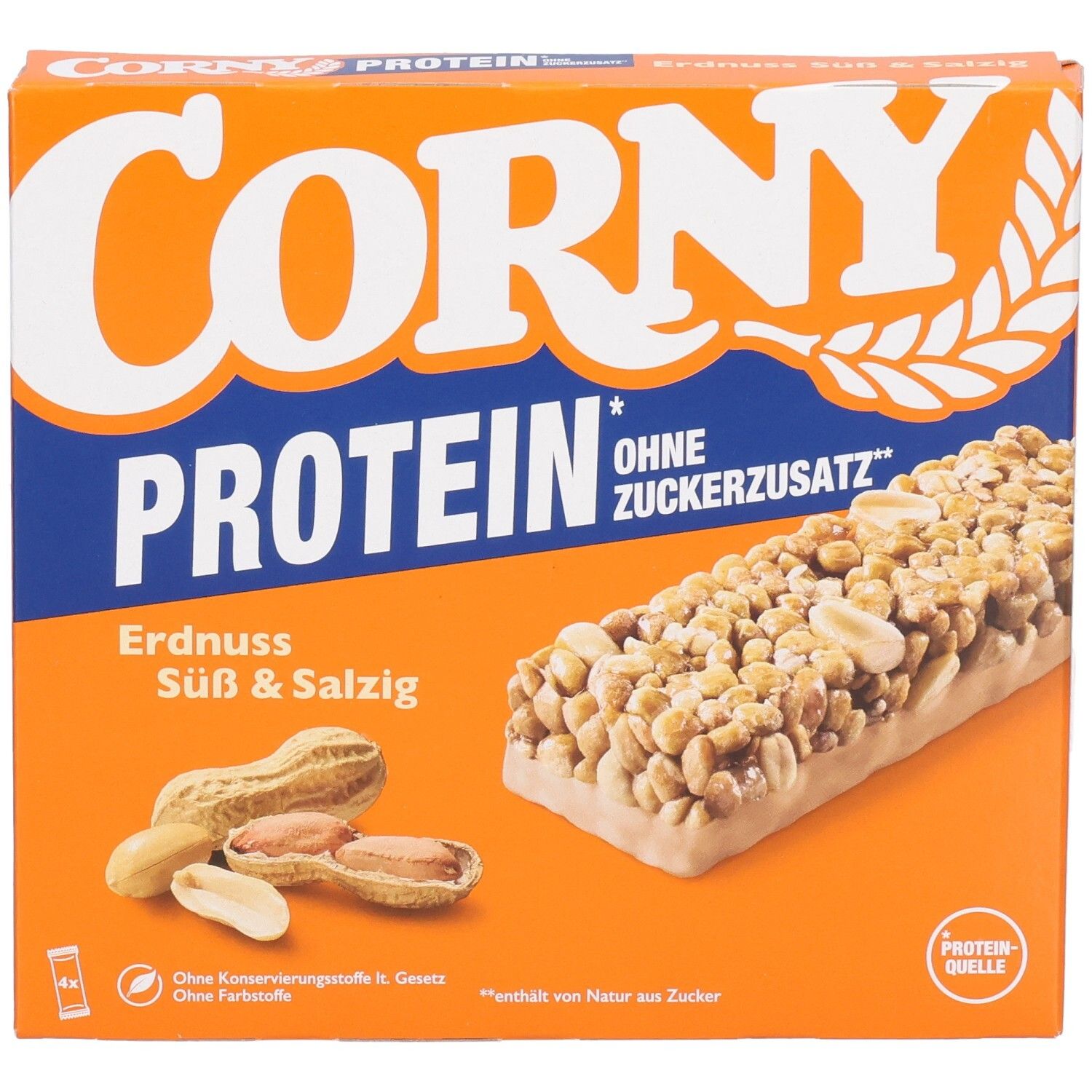Boîte orange avec Corny Protein Cacahuète Sucré & Salé. Barre et cacahuètes illustrées. Texte : Sans sucre ajouté.