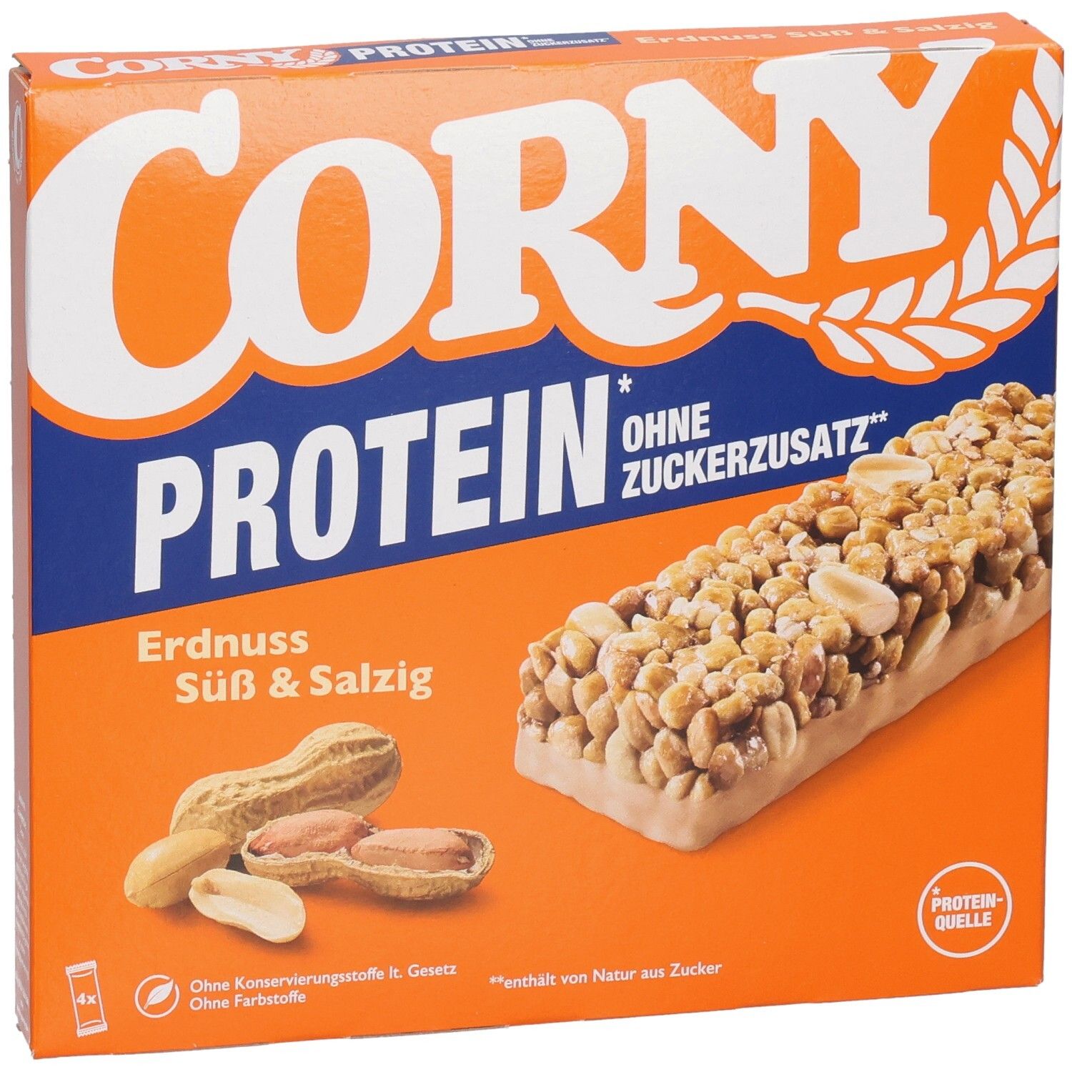 Boîte orange avec Corny Protein Cacahuète Sucré & Salé. Barre et cacahuètes illustrées. Texte : Sans sucre ajouté.
