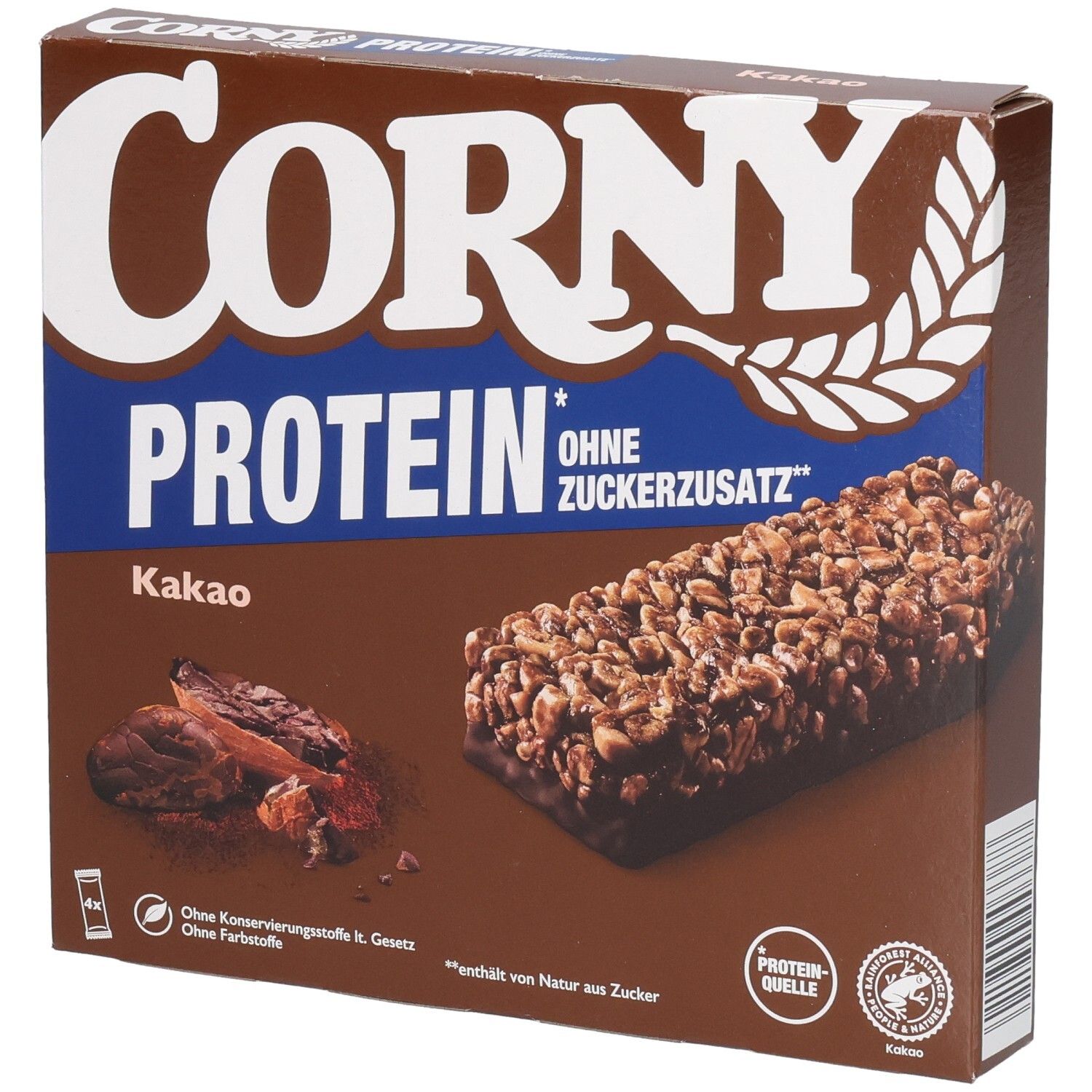 Braune Schachtel mit Corny Protein Kakao Riegeln. Aufdruck: Corny, Protein, ohne Zuckerzusatz. Abbildung von Riegel und Kakaobohnen.