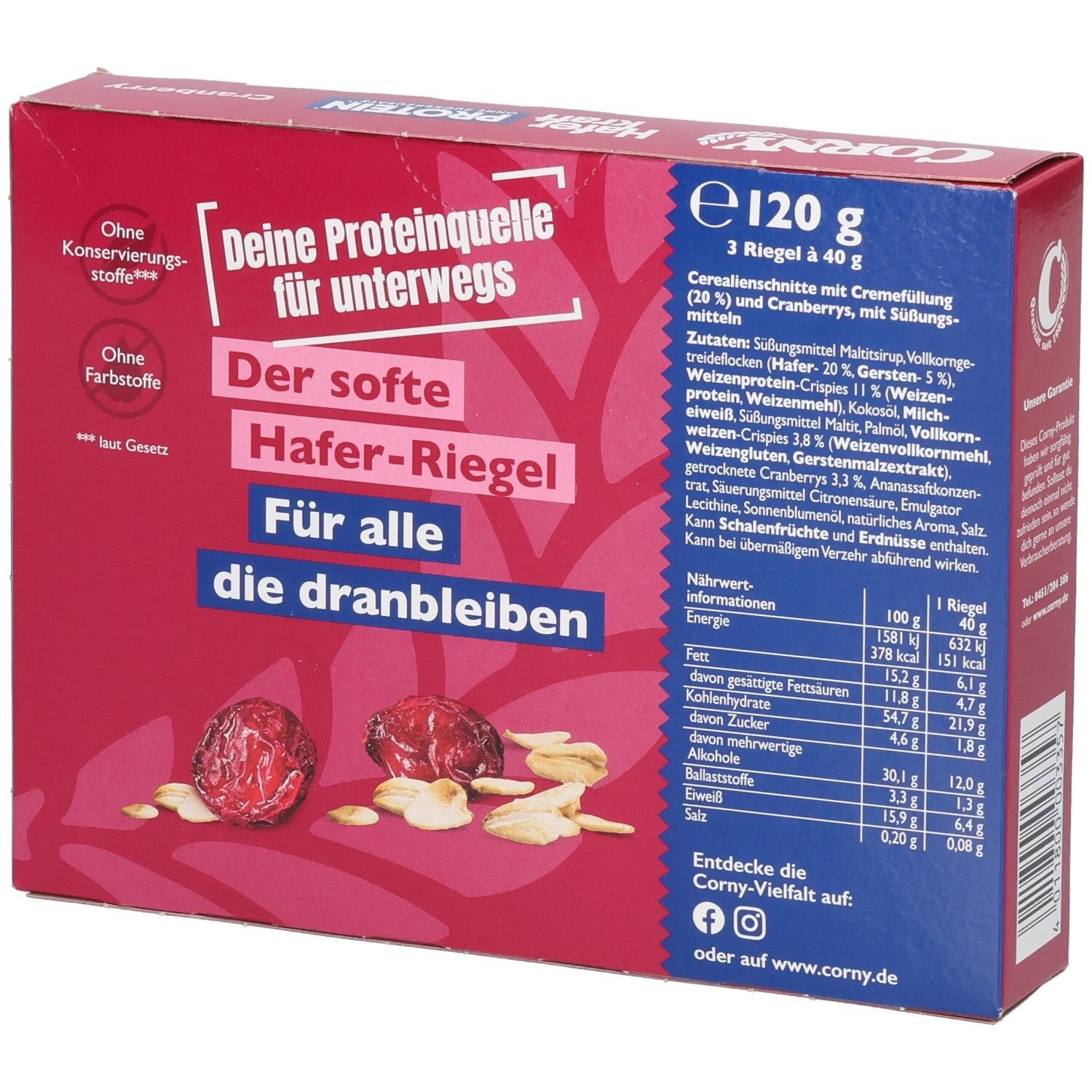 Dos de la boîte rouge Corny Haferkraft Protein Cranberry. Texte : informations nutritionnelles, liste des ingrédients. Illustré : canneberges et flocons d'avoine.