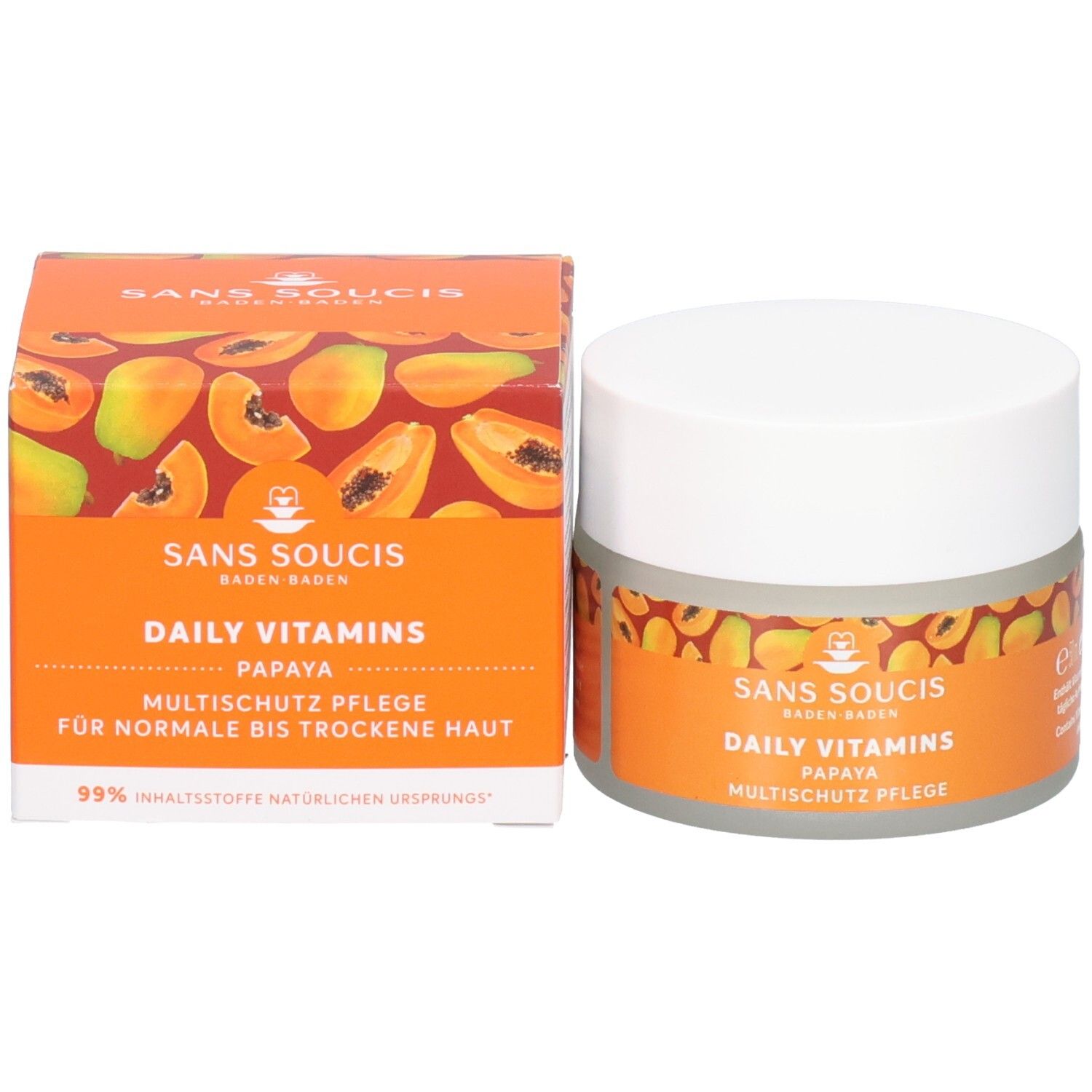 Sans Soucis Papaya Multischutz Pflege Tiegel und Faltschachtel mit Papaya-Motiv.
