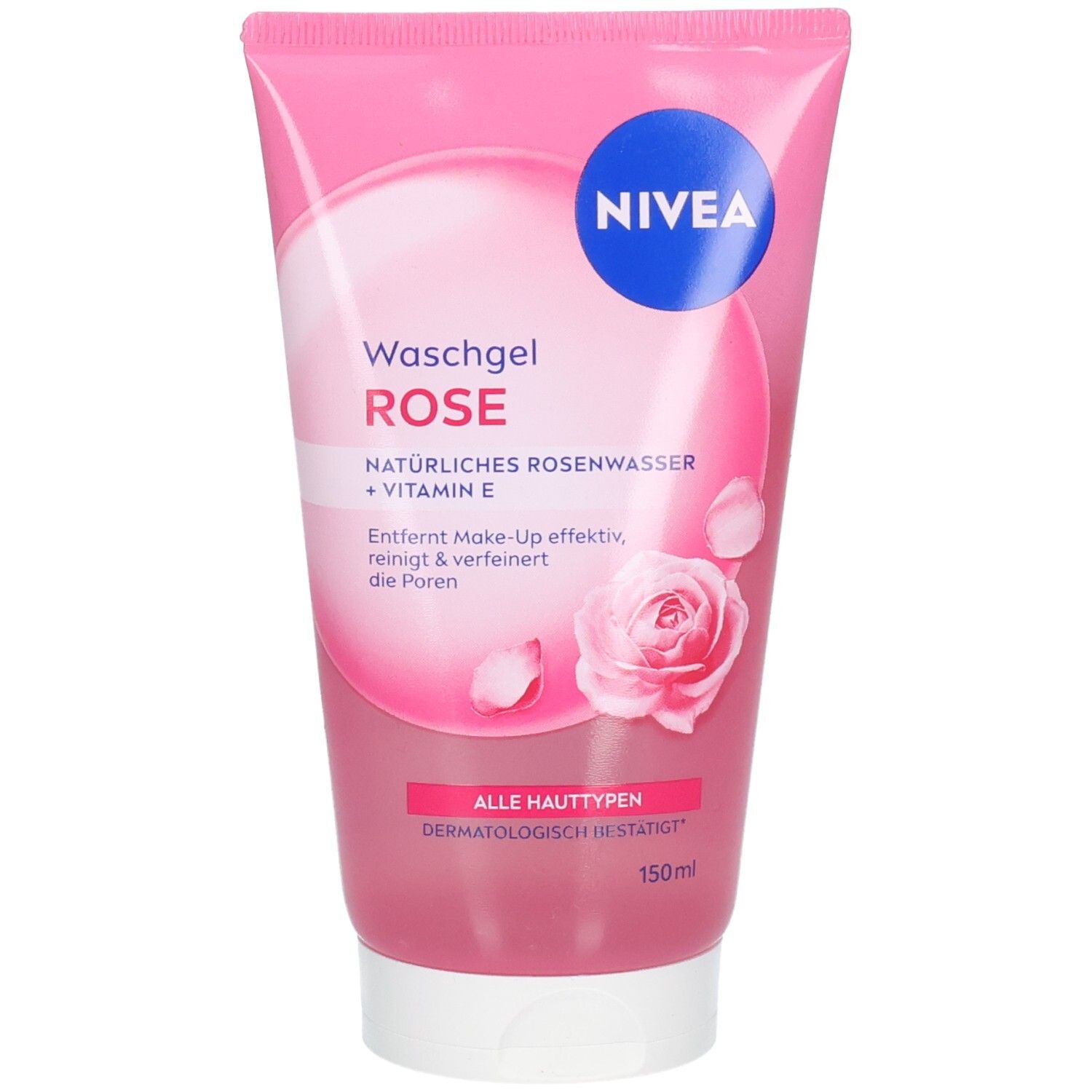 Nivea Waschgel Rose in einer rosa Tube mit Rosenmotiv. Enthält natürliches Rosenwasser und Vitamin E. 150ml.