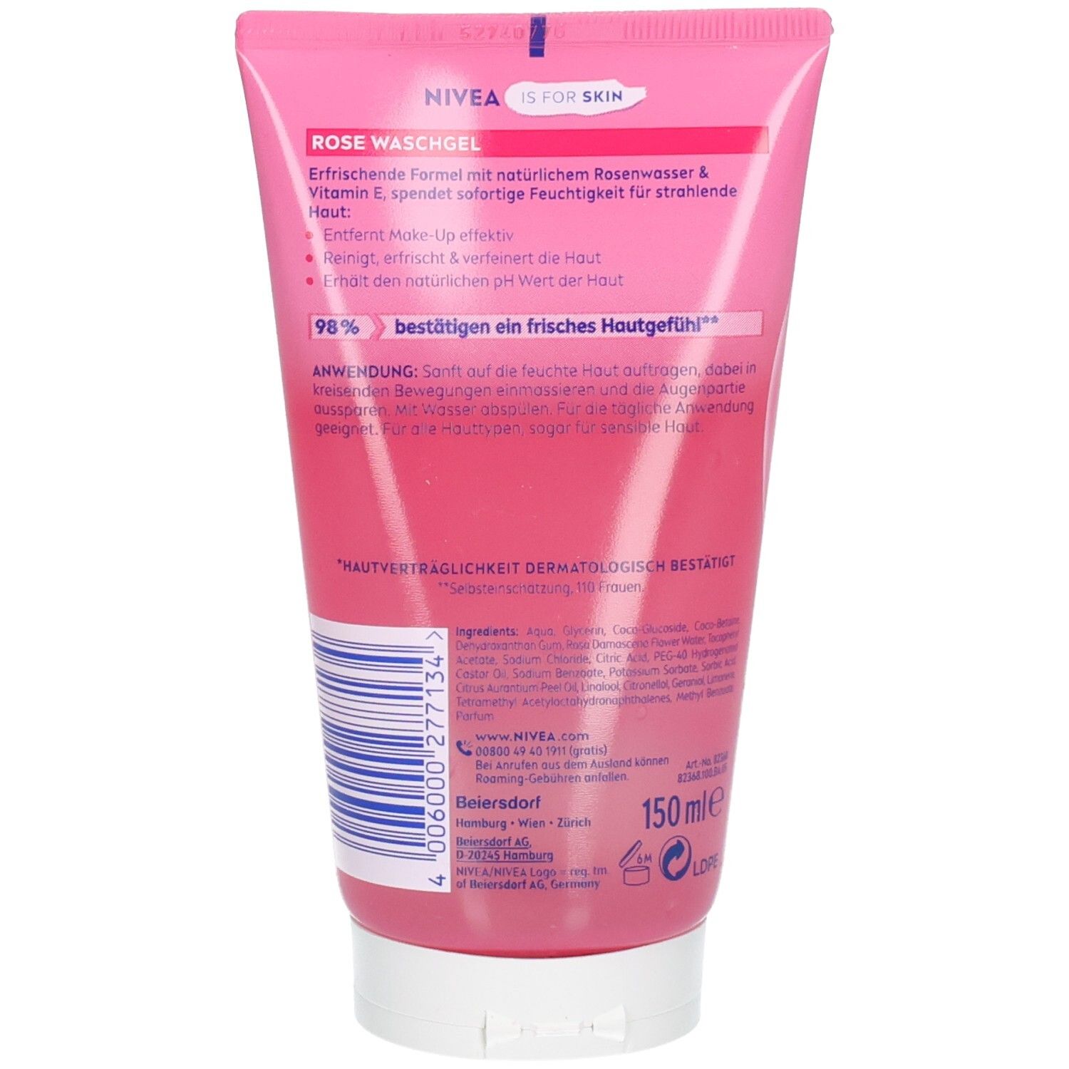 Nivea Rose Waschgel 150ml Tube mit Inhaltsstoffen und Anwendungshinweisen.