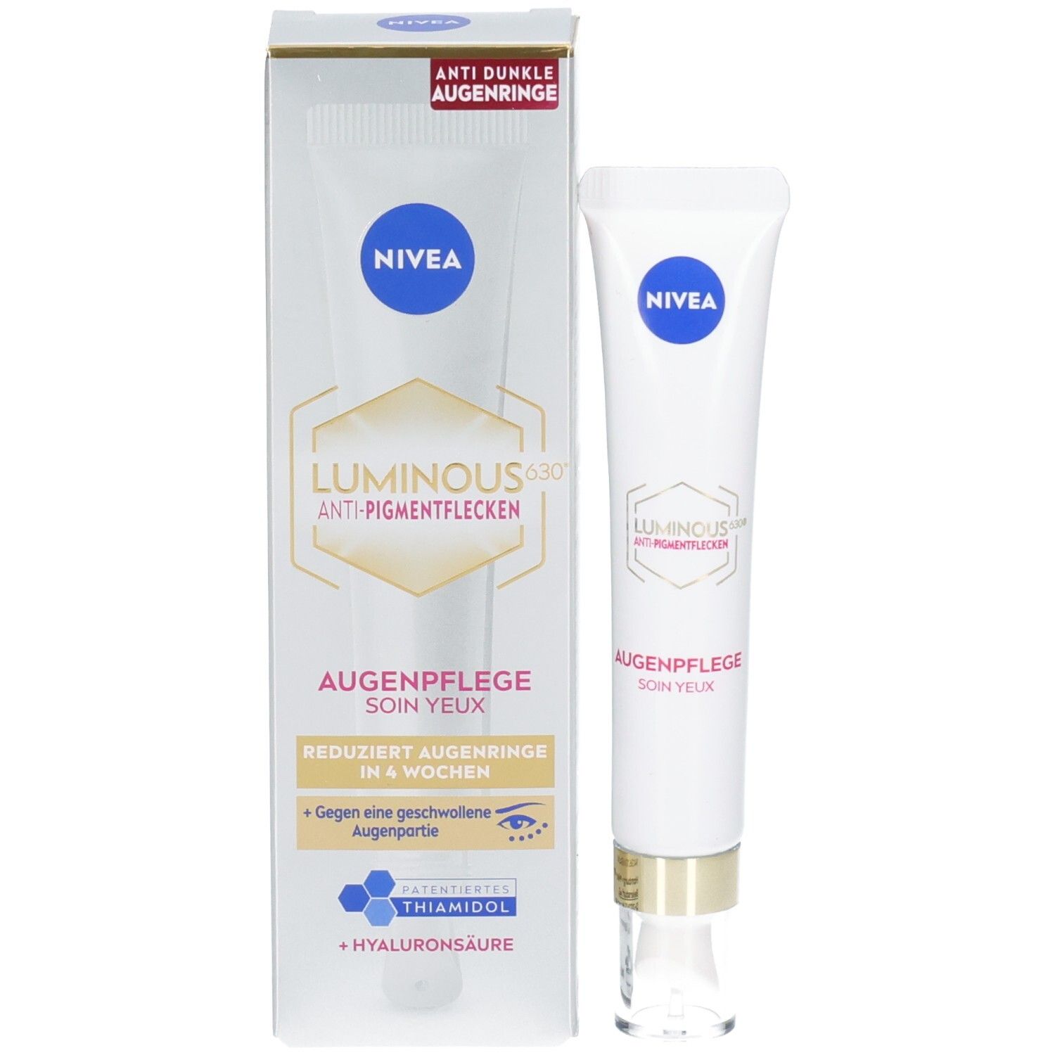 Tube et boîte NIVEA LUMINOUS630® Soin Yeux, face avant avec informations produit.