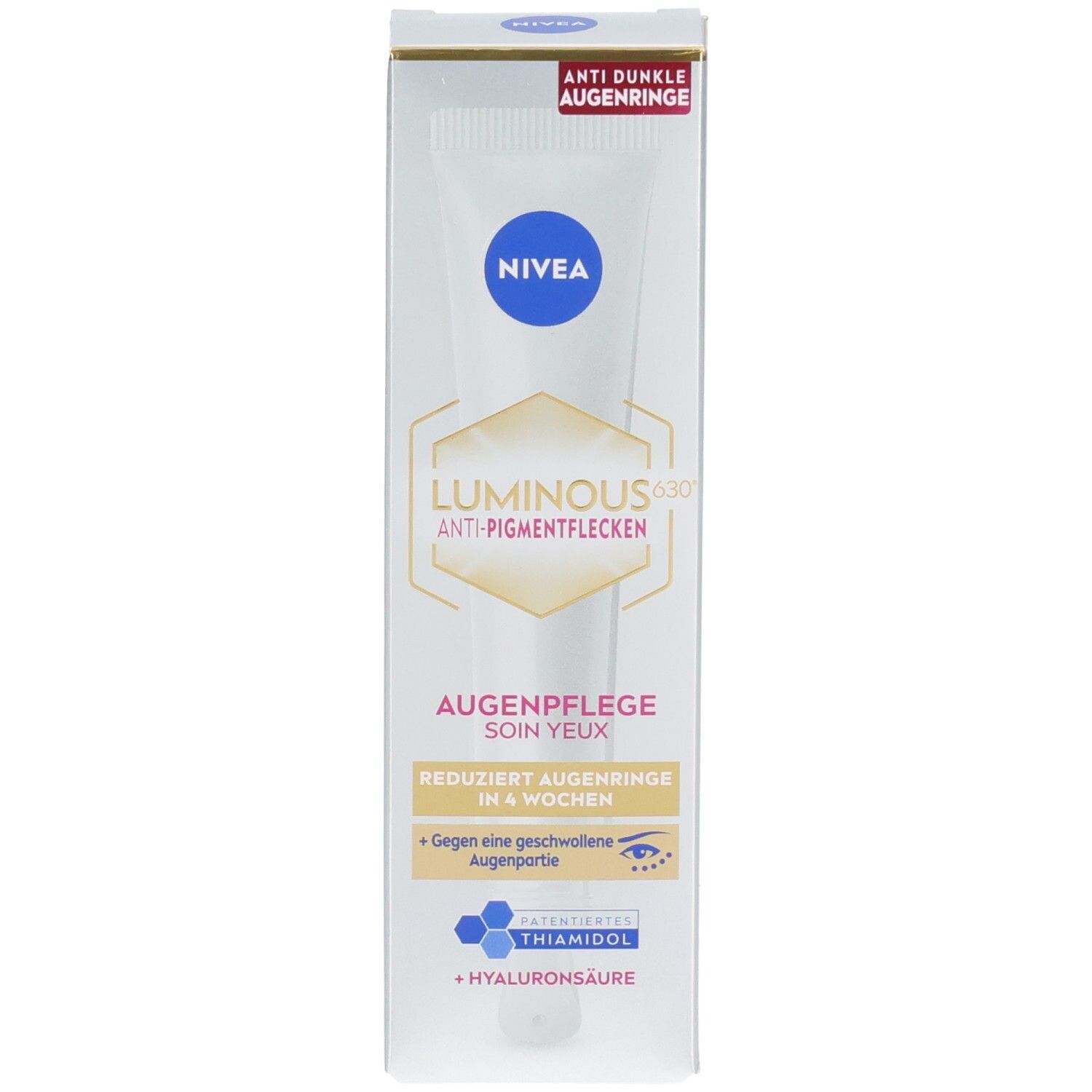 Boîte NIVEA LUMINOUS630® Soin Yeux, face avant avec nom du produit et indications.