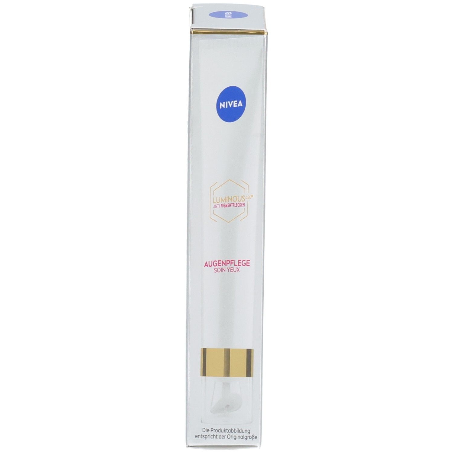 Vue latérale de la boîte NIVEA LUMINOUS630® Soin Yeux avec logo NIVEA et nom du produit.