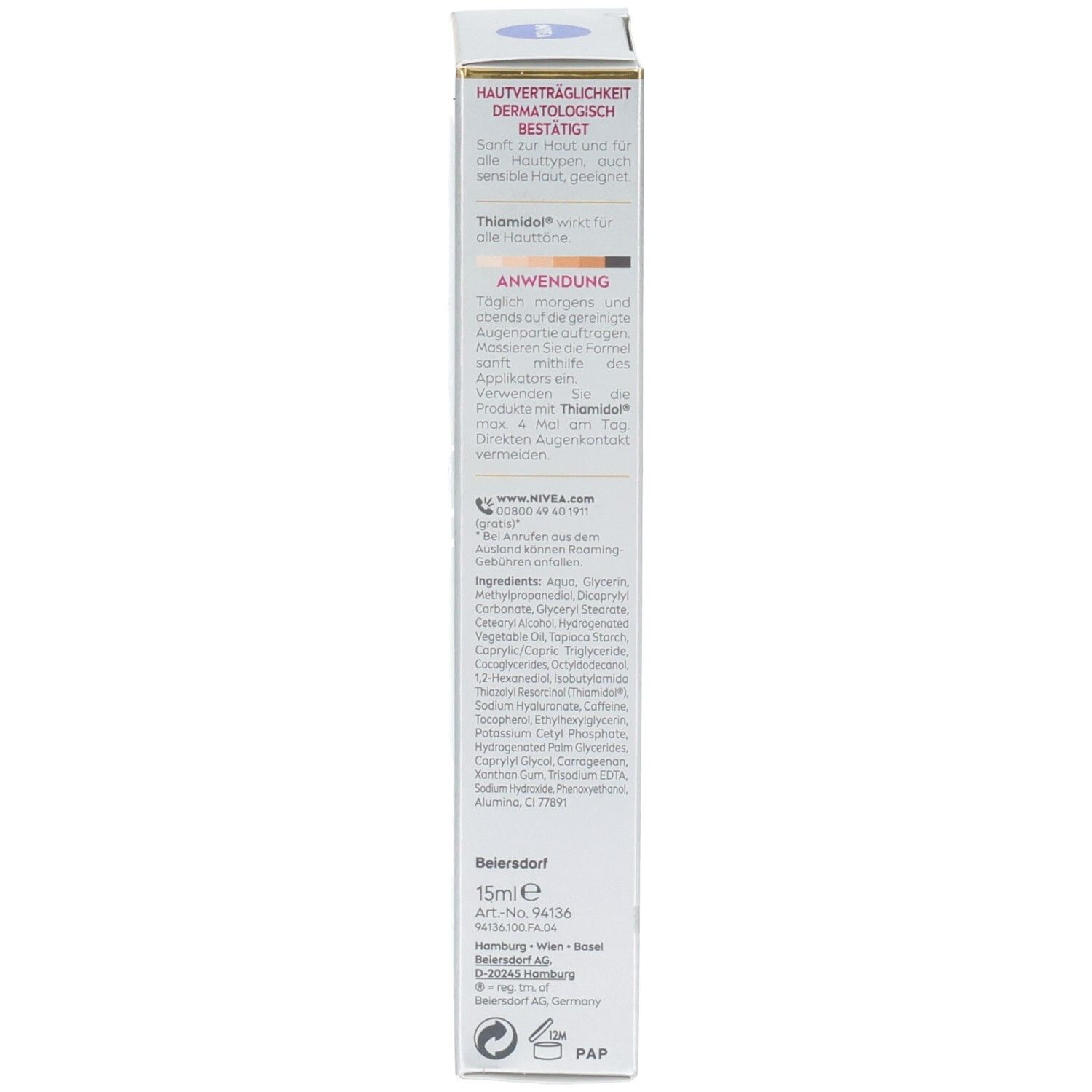 Vue latérale de la boîte NIVEA LUMINOUS630® Soin Yeux avec instructions d'application et ingrédients.