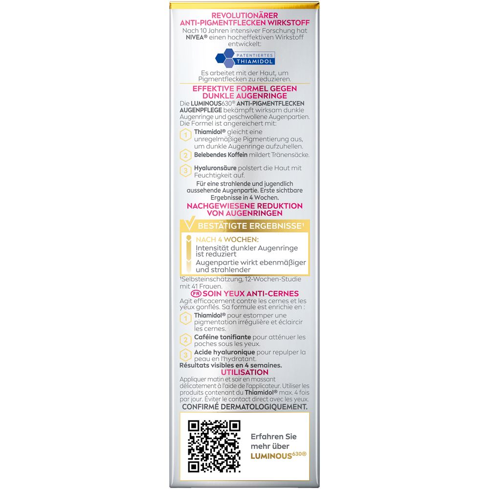 Arrière de la boîte NIVEA LUMINOUS630® Soin Yeux avec informations détaillées sur le produit et instructions.