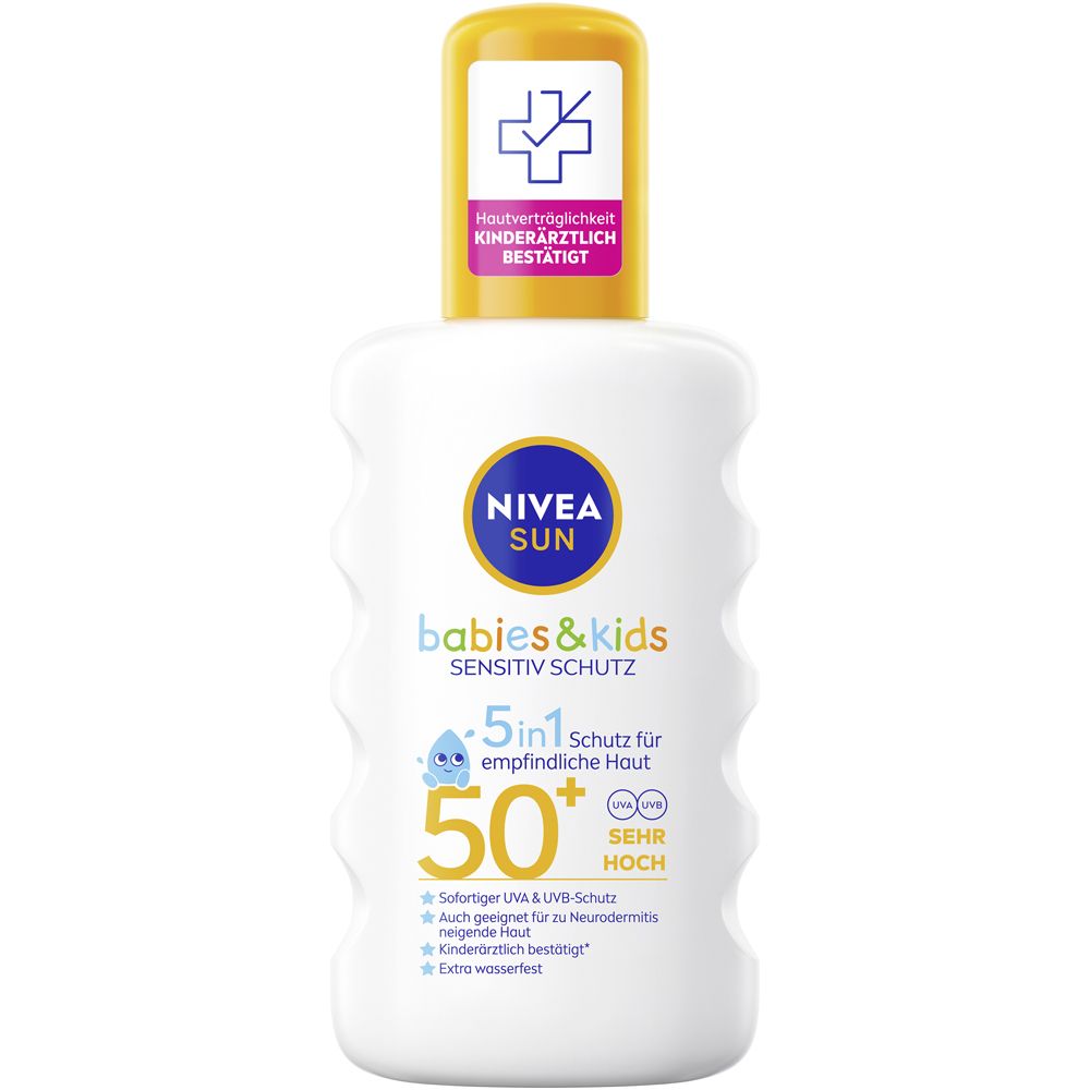 Nivea Sun Bébés & Enfants Protection Sensible SPF 50+ flacon avec bouchon jaune et sceau.