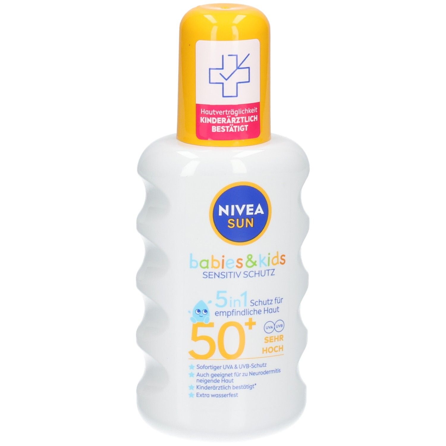 Nivea Sun Babys & Kids Spray Protecteur Sensitiv SPF 50+. Flacon spray blanc avec bouchon jaune. Testé dermatologiquement.