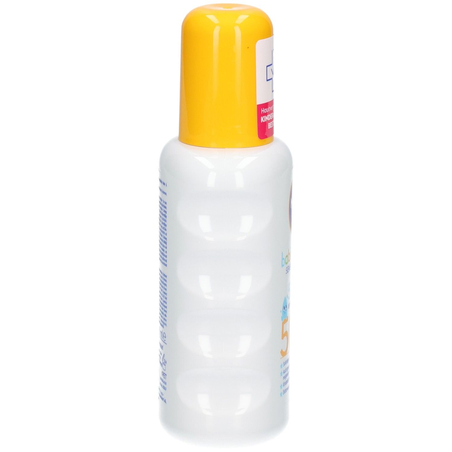 Nivea Sun Babys & Kids Spray Protecteur Sensitiv SPF 50+. Vue latérale du flacon spray blanc avec bouchon jaune.