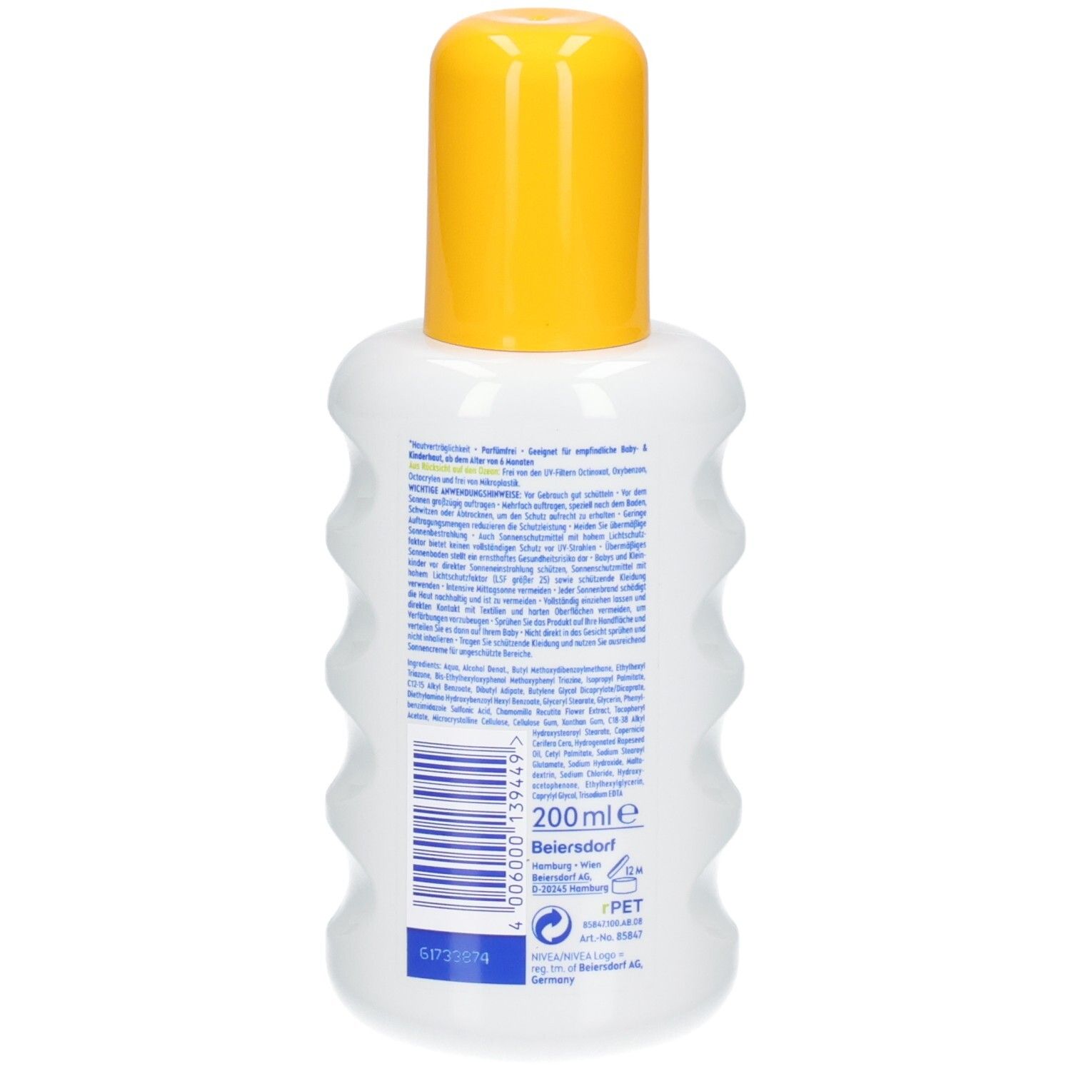 Nivea Sun Babys & Kids Spray Protecteur Sensitiv SPF 50+. Arrière du flacon avec informations produit et code-barres. 200 ml.