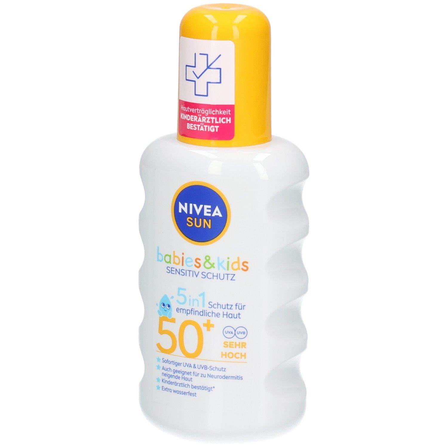 Nivea Sun Babys & Kids Spray Protecteur Sensitiv SPF 50+. Flacon spray blanc avec bouchon jaune. Testé dermatologiquement.