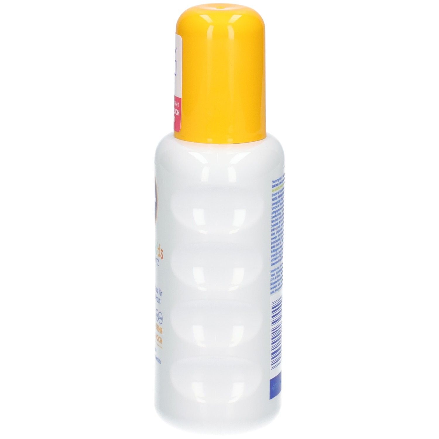 Nivea Sun Babys & Kids Spray Protecteur Sensitiv SPF 50+. Vue latérale du flacon spray blanc avec bouchon jaune.