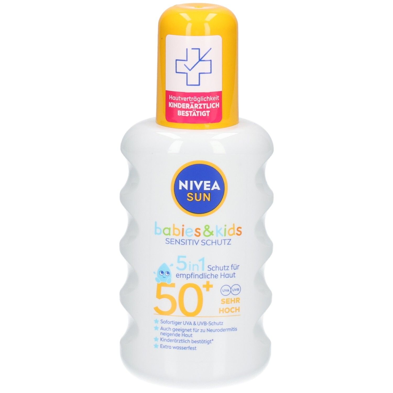 Nivea Sun Babys & Kids Spray Protecteur Sensitiv SPF 50+. Flacon spray blanc avec bouchon jaune. Testé dermatologiquement.