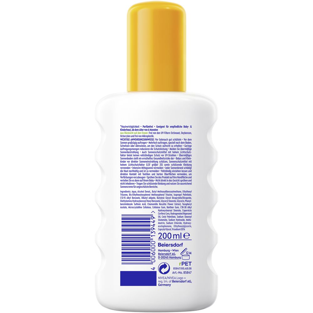 Dos de la Nivea Sun Bébés & Enfants Protection Sensible SPF 50+ avec ingrédients et code-barres.