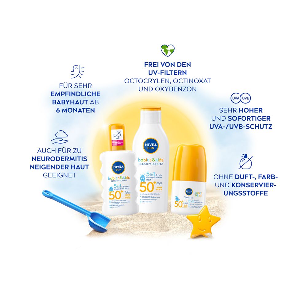 Produits Nivea Sun Bébés & Enfants Protection Sensible SPF 50+ avec caractéristiques.