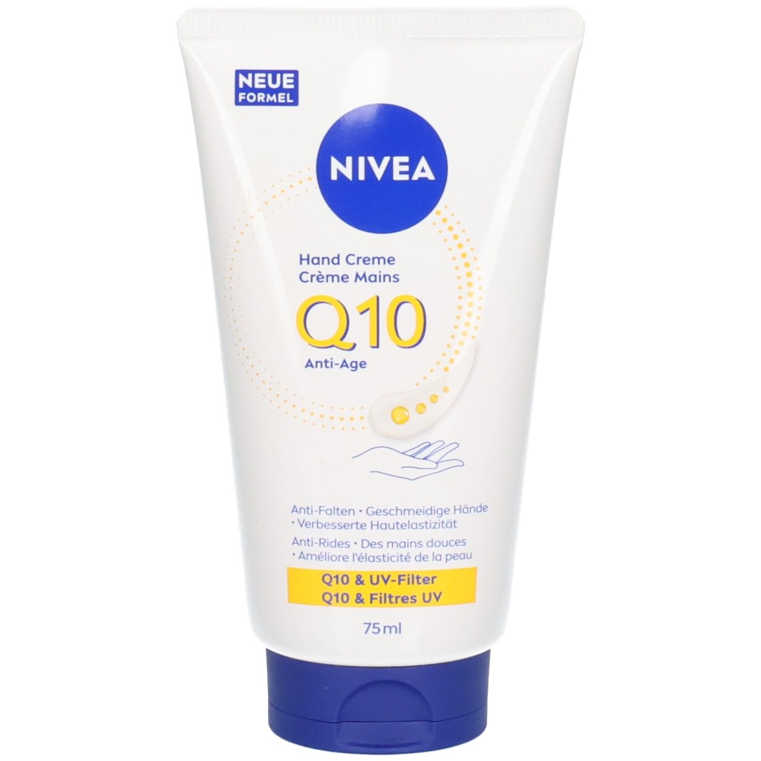 Tube NIVEA Q10 Crème Mains Anti-Âge avec bouchon bleu. 75ml.