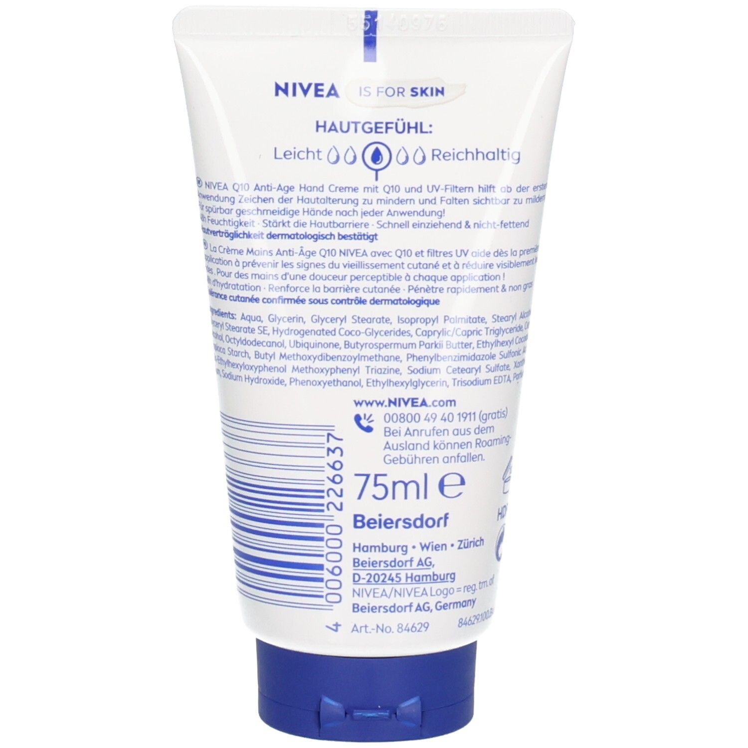 Arrière du tube NIVEA Q10 Crème Mains Anti-Âge. 75ml. Code-barres et informations fabricant visibles.