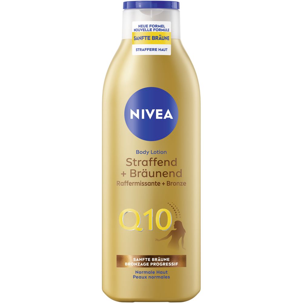 NIVEA Q10 Body Lotion Straffend + Bräunend Flasche mit blauem Deckel.