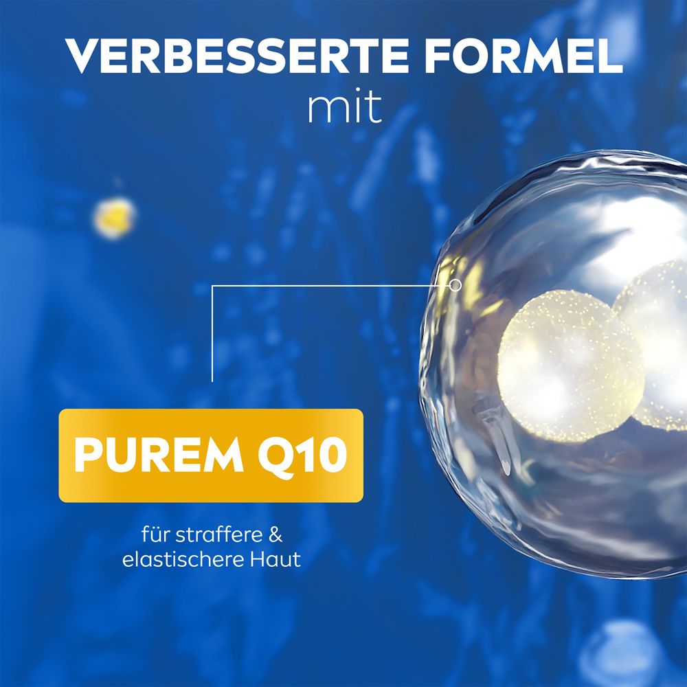 Abstrakte Darstellung von Zellen und der Aufschrift PUREM Q10 für straffere & elastischere Haut.