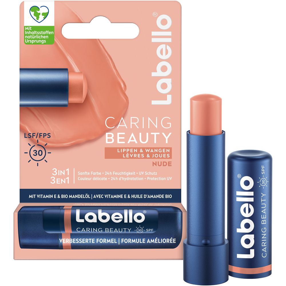 Labello Caring Beauty NUDE soin des lèvres en boîte avec stick posé et ouvert. FPS 30.