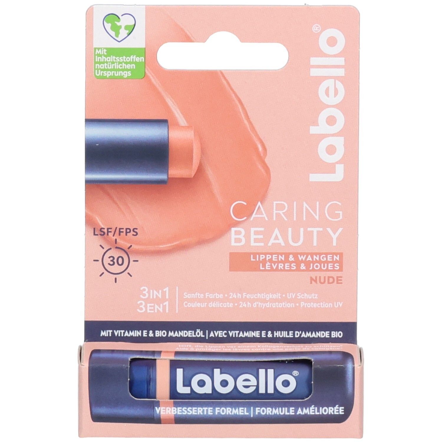 Dos de l'emballage Labello Caring Beauty NUDE avec informations produit, application et ingrédients.