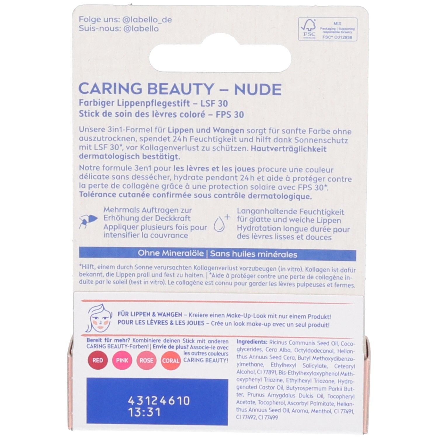 Labello Caring Beauty NUDE soin des lèvres en boîte, avec stick posé et ouvert. FPS 30.