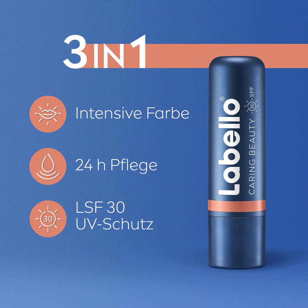 Stick Labello Caring Beauty NUDE avec icônes pour couleur intense, soin 24h et protection UV FPS 30.