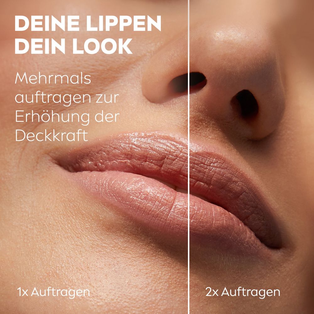 Comparaison de lèvres avec 1x et 2x application de Labello Caring Beauty NUDE pour plus de couvrance.