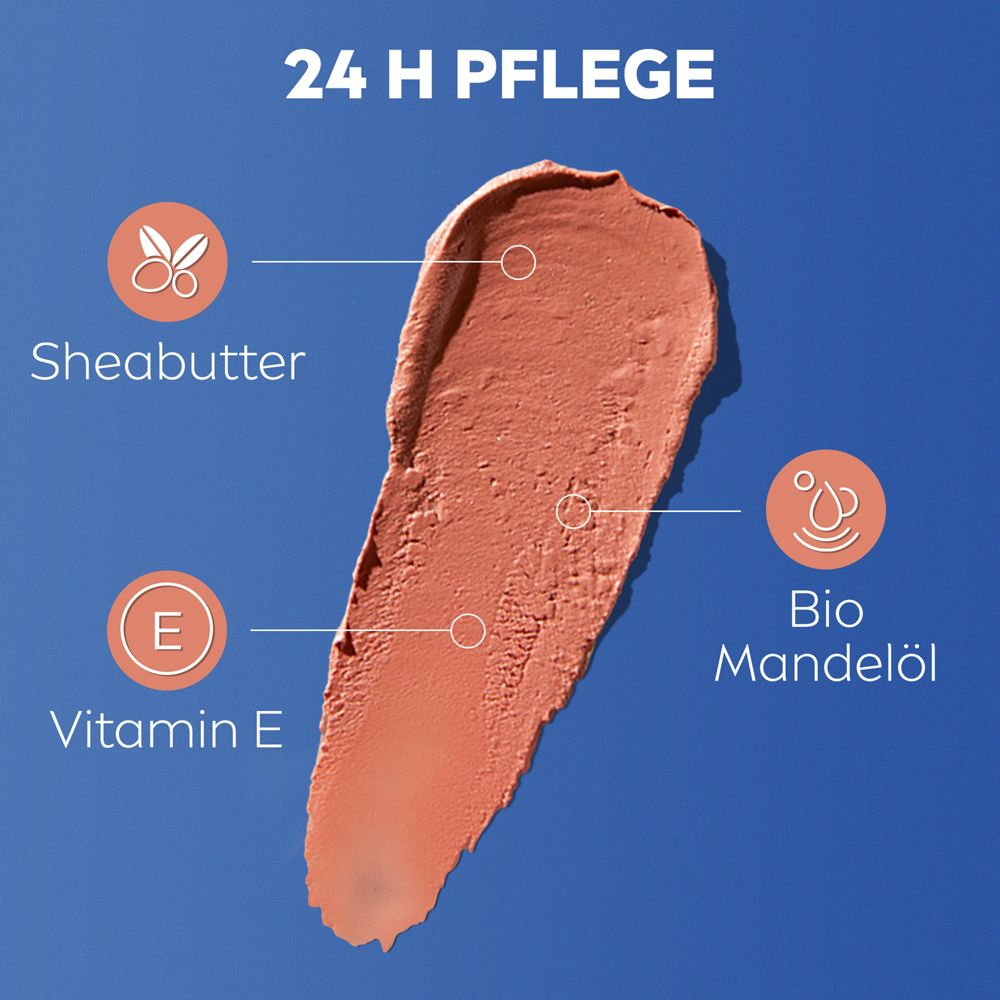 Échantillon de texture Labello Caring Beauty NUDE avec icônes pour beurre de karité, vitamine E, amande bio.